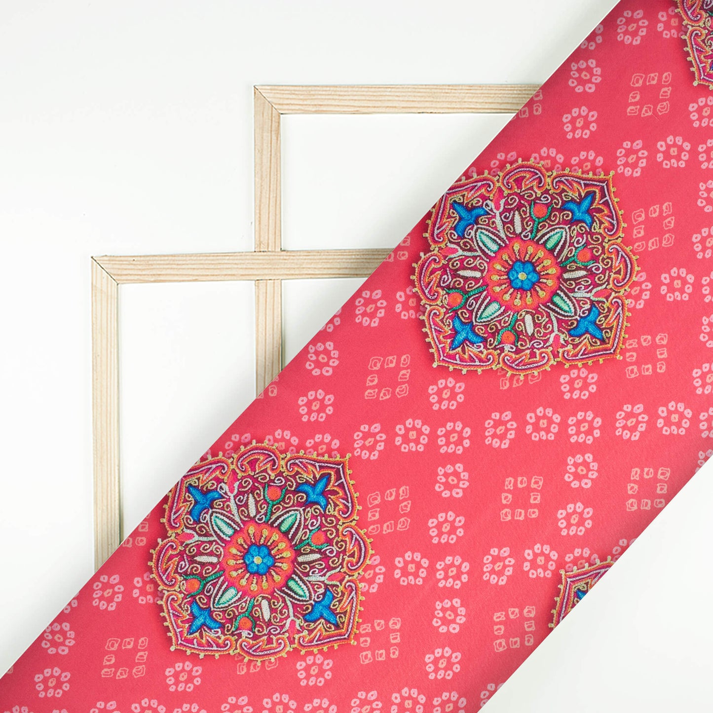 Dark Pink And Sky Blue Gamthee Pattern Digital Print Japan Satin Fabric