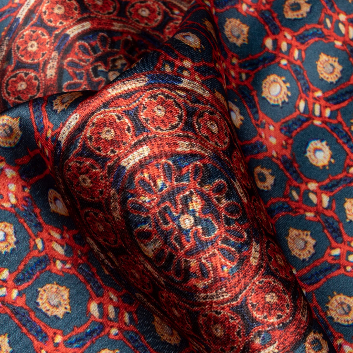 Slate Grey And Sangria Red Gamthee Pattern Digital Print Japan Satin Fabric
