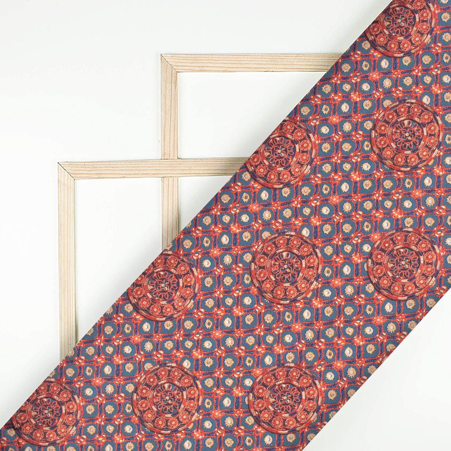 Slate Grey And Sangria Red Gamthee Pattern Digital Print Japan Satin Fabric