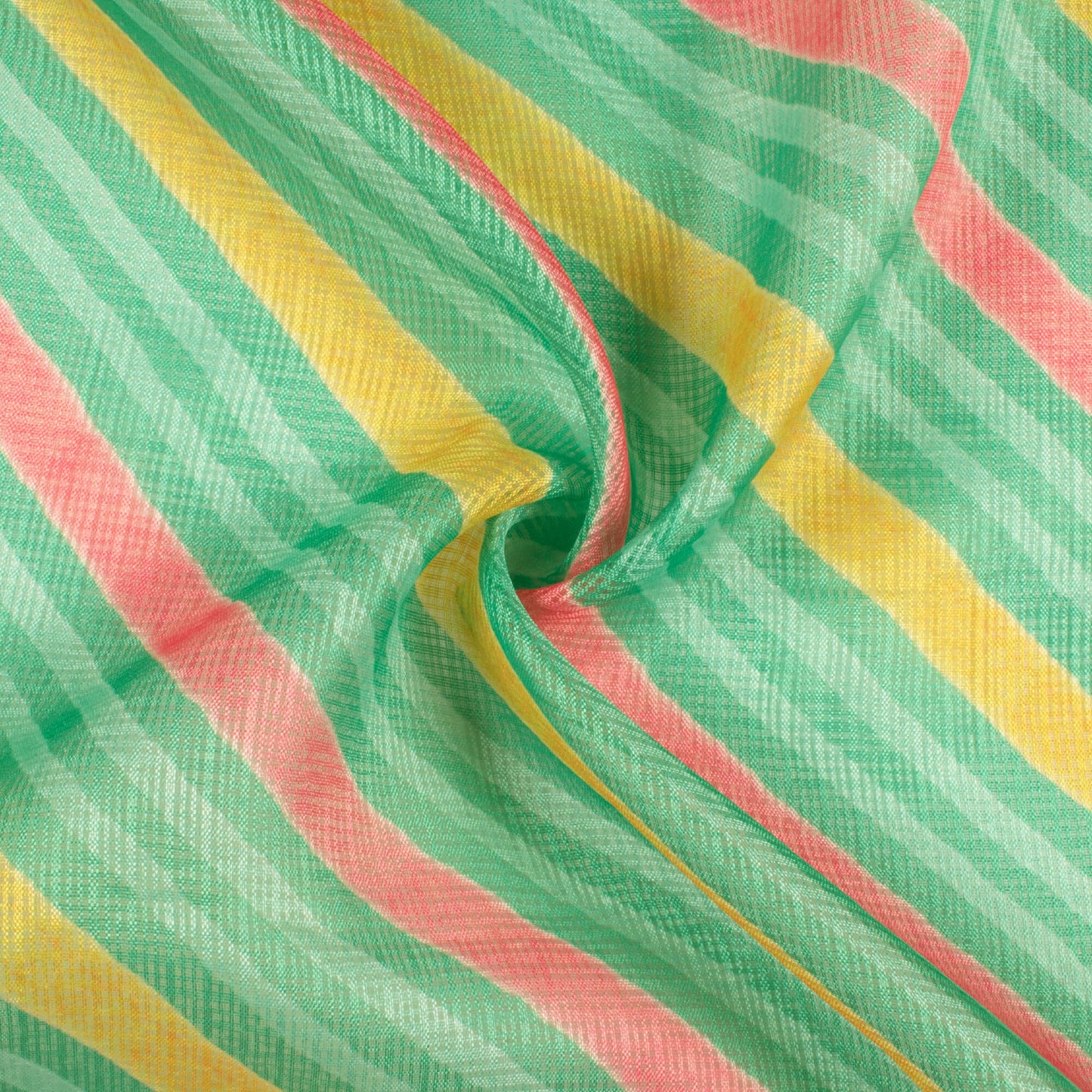 Jungle Green And Pink Leheriya Pattern Digital Print Kota Doria Fabric