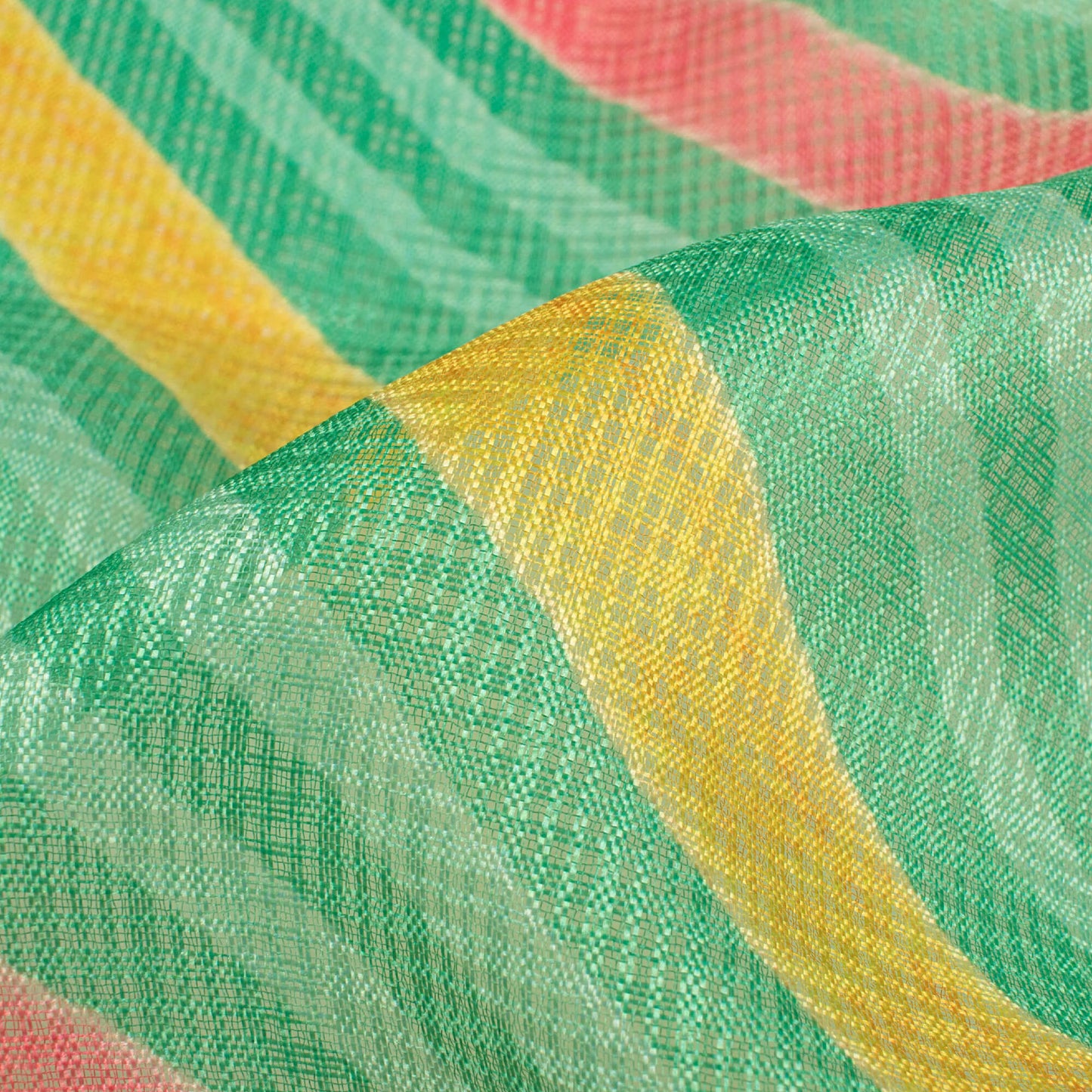 Jungle Green And Pink Leheriya Pattern Digital Print Kota Doria Fabric