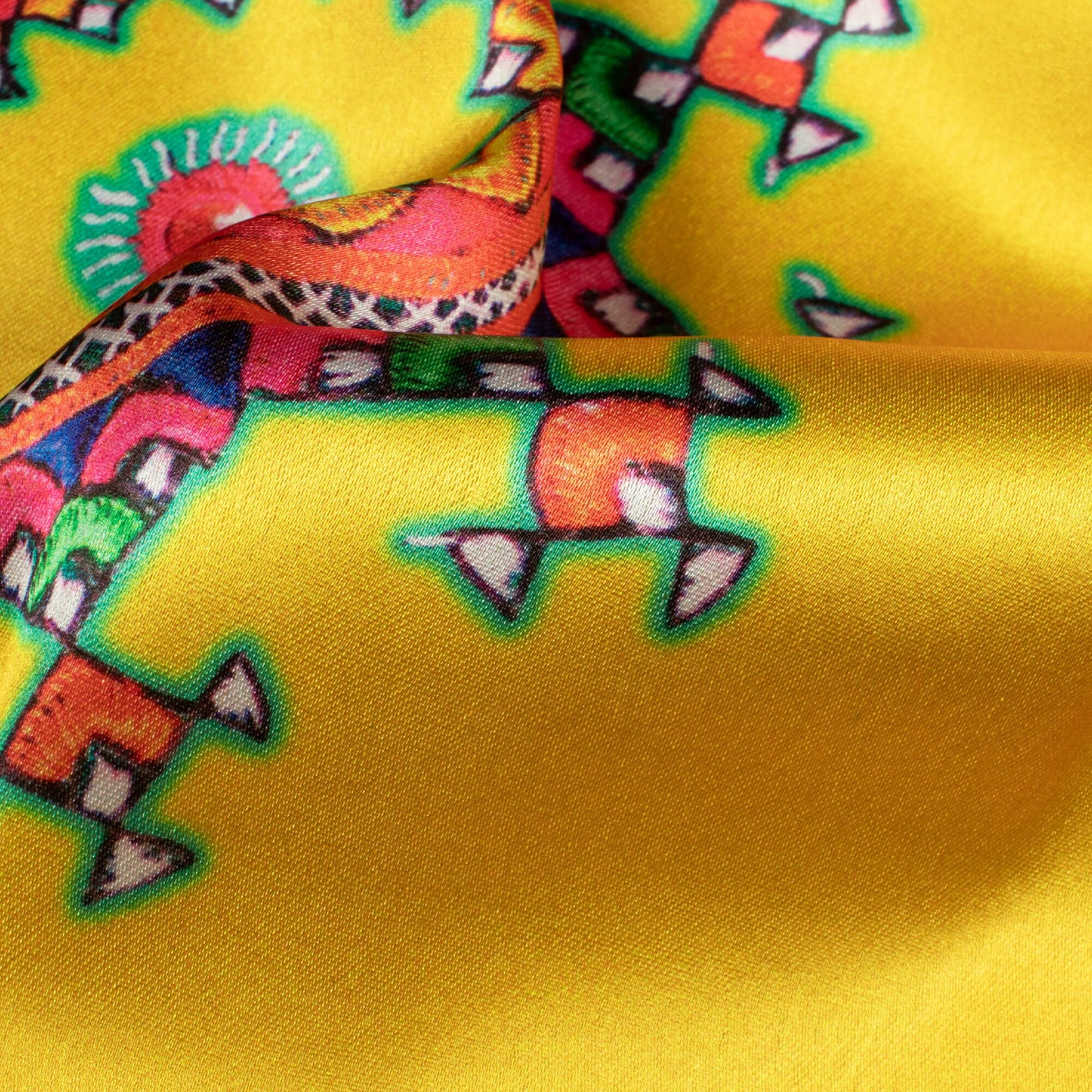 Bumblebee Yellow And Hot Pink Gamthee Pattern Digital Print Japan Satin Fabric