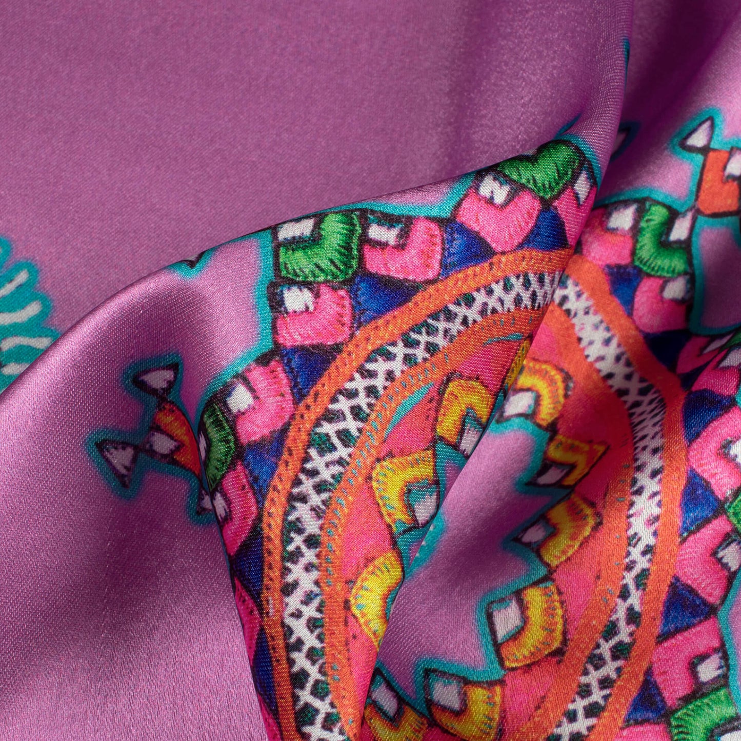 Orchid Purple And Hot Pink Gamthee Pattern Digital Print Japan Satin Fabric