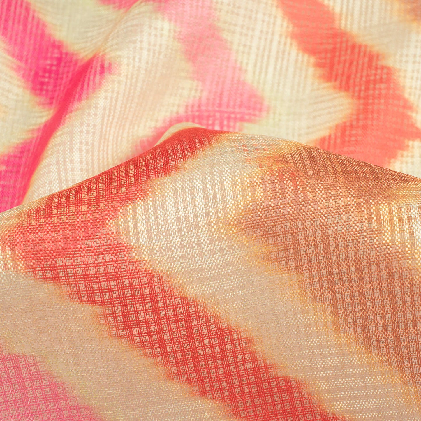Taffy Pink And Red Chevron Pattern Digital Print Kota Doria Fabric