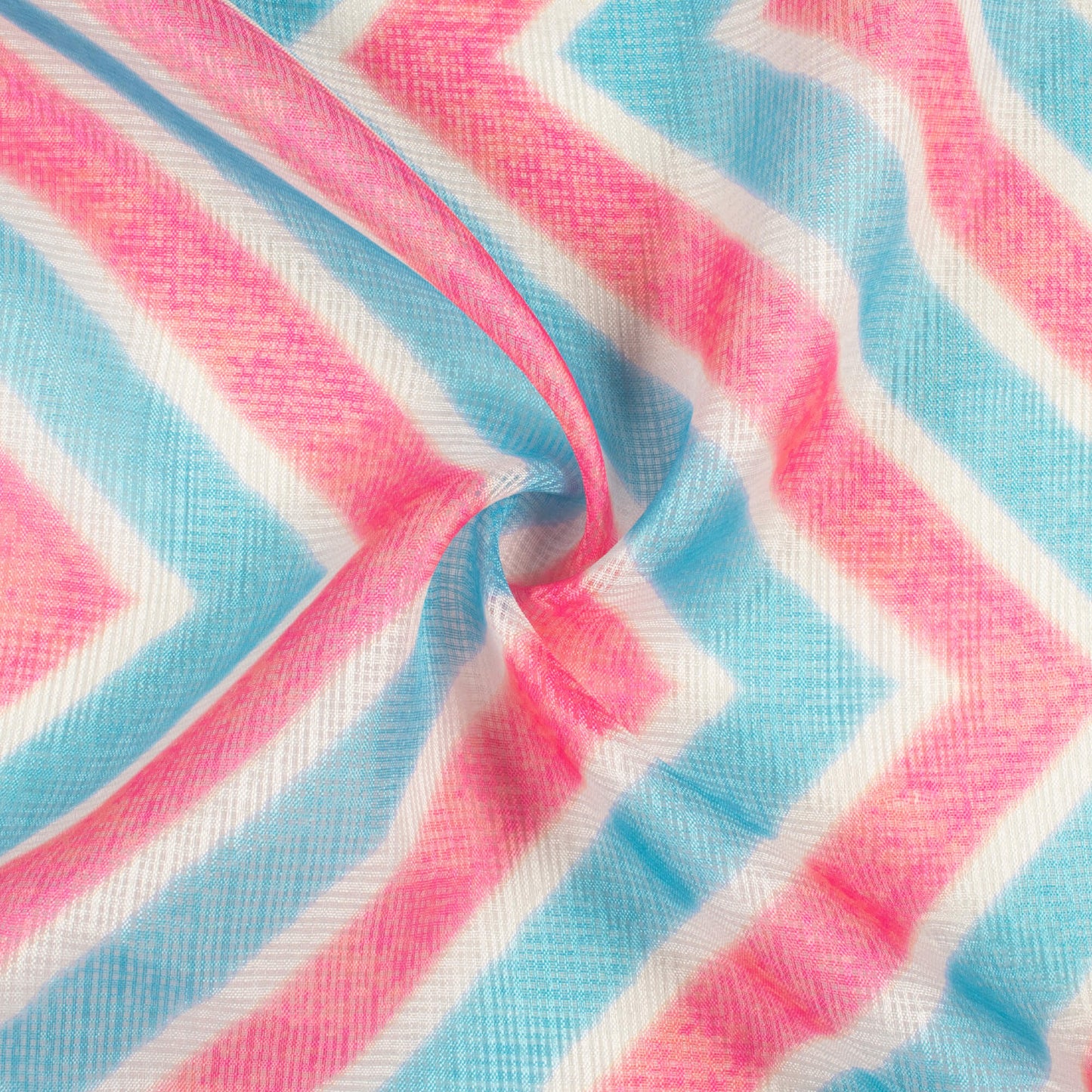 Smalt Blue And Carnation Pink Chevron Pattern Digital Print Kota Doria Fabric