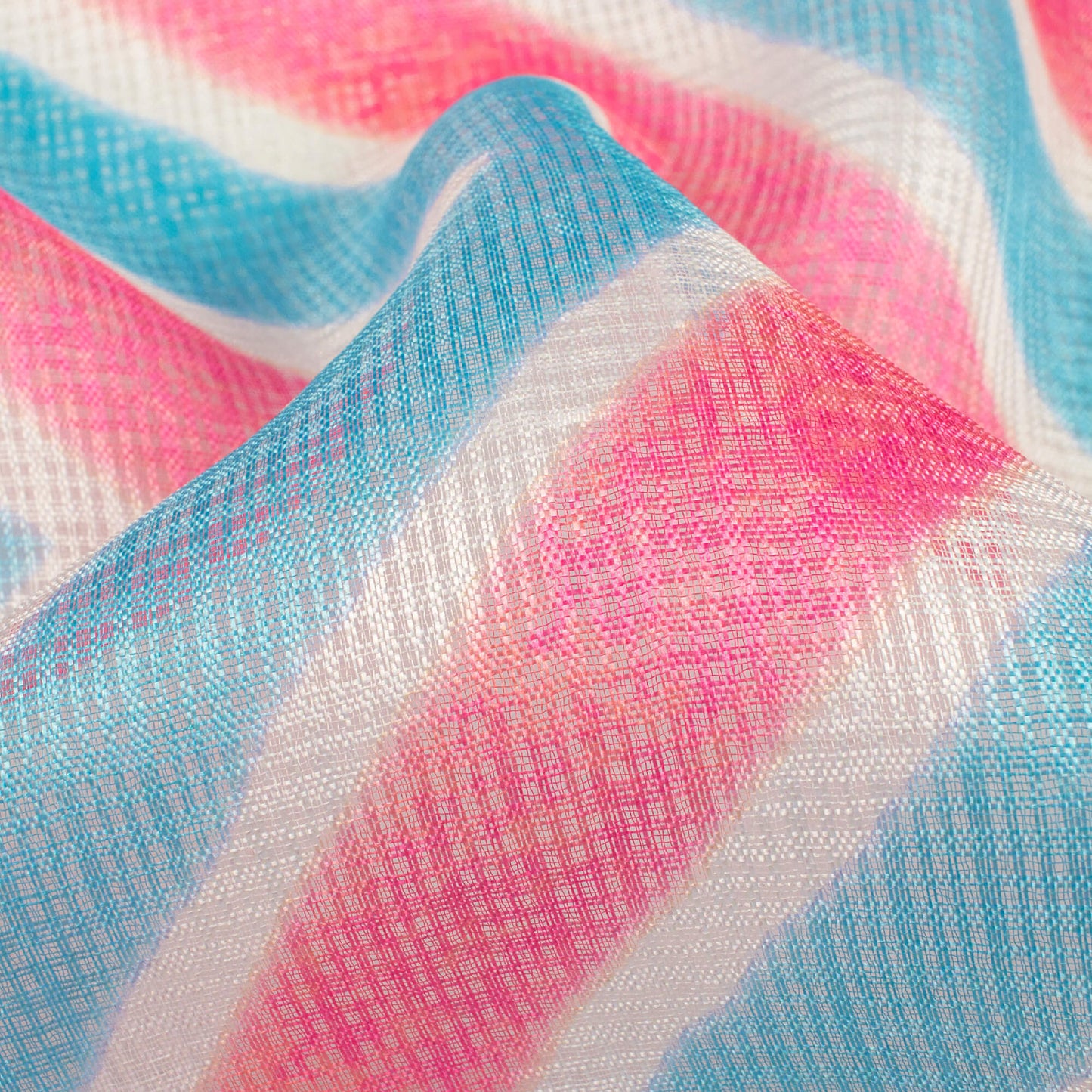 Smalt Blue And Carnation Pink Chevron Pattern Digital Print Kota Doria Fabric