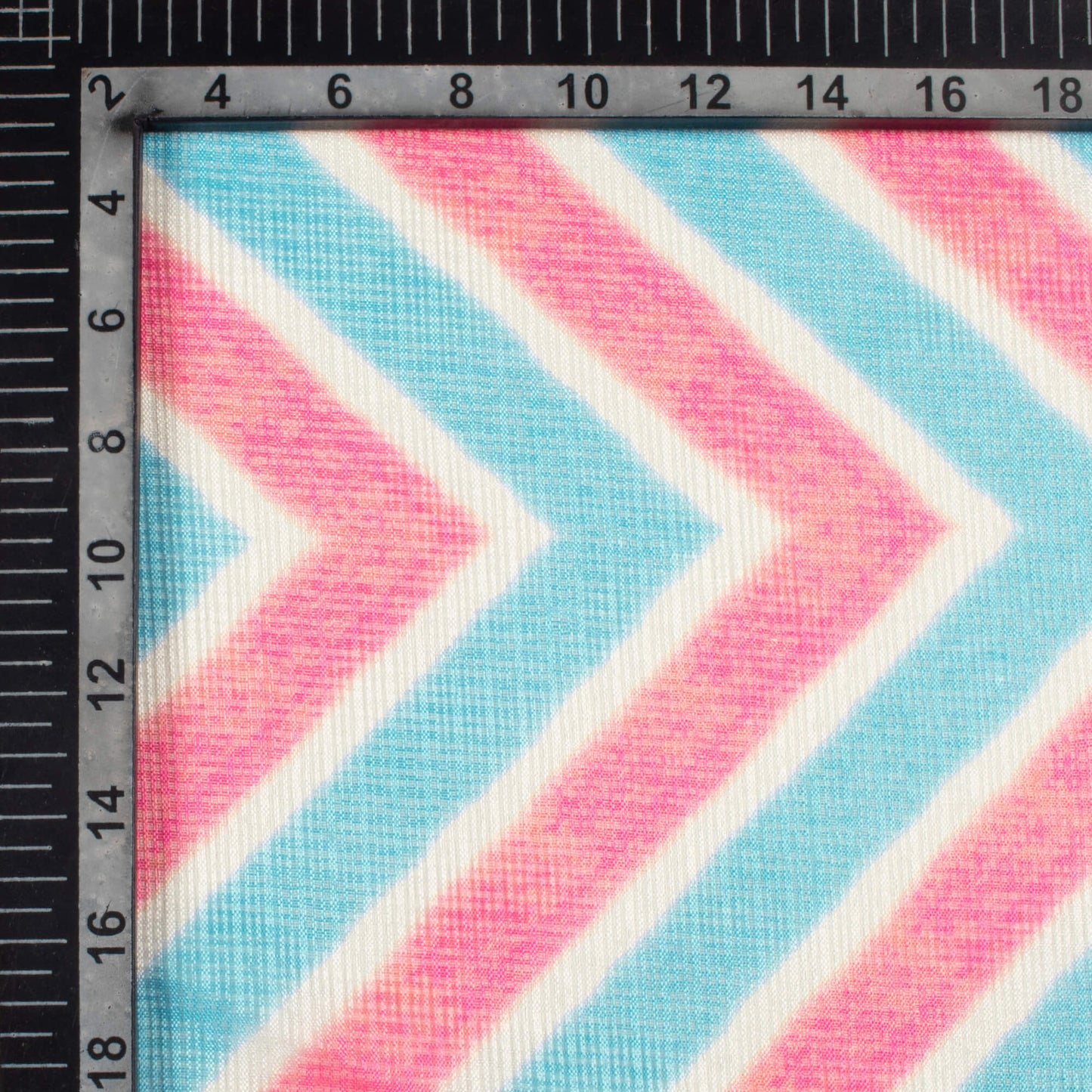 Smalt Blue And Carnation Pink Chevron Pattern Digital Print Kota Doria Fabric