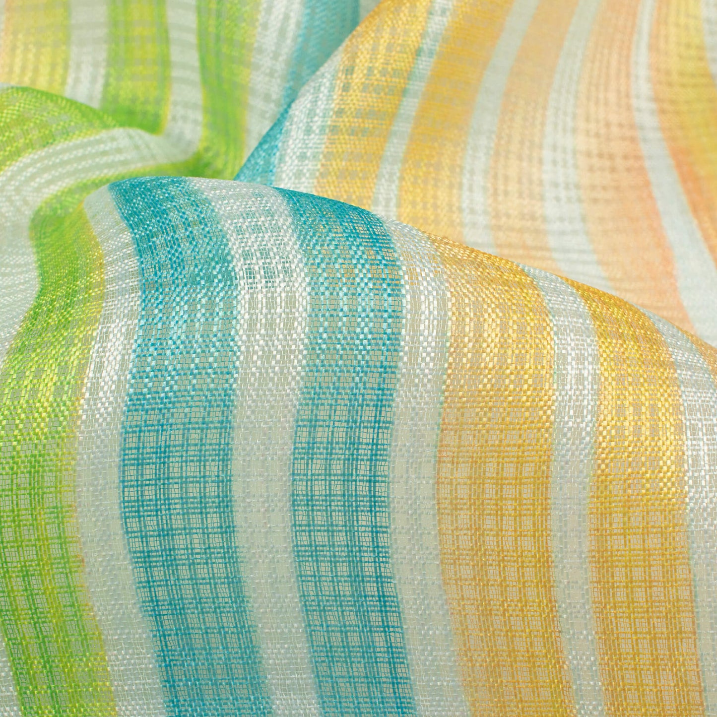 Yellow And Lime Green Stripes Pattern Digital Print Kota Doria Fabric