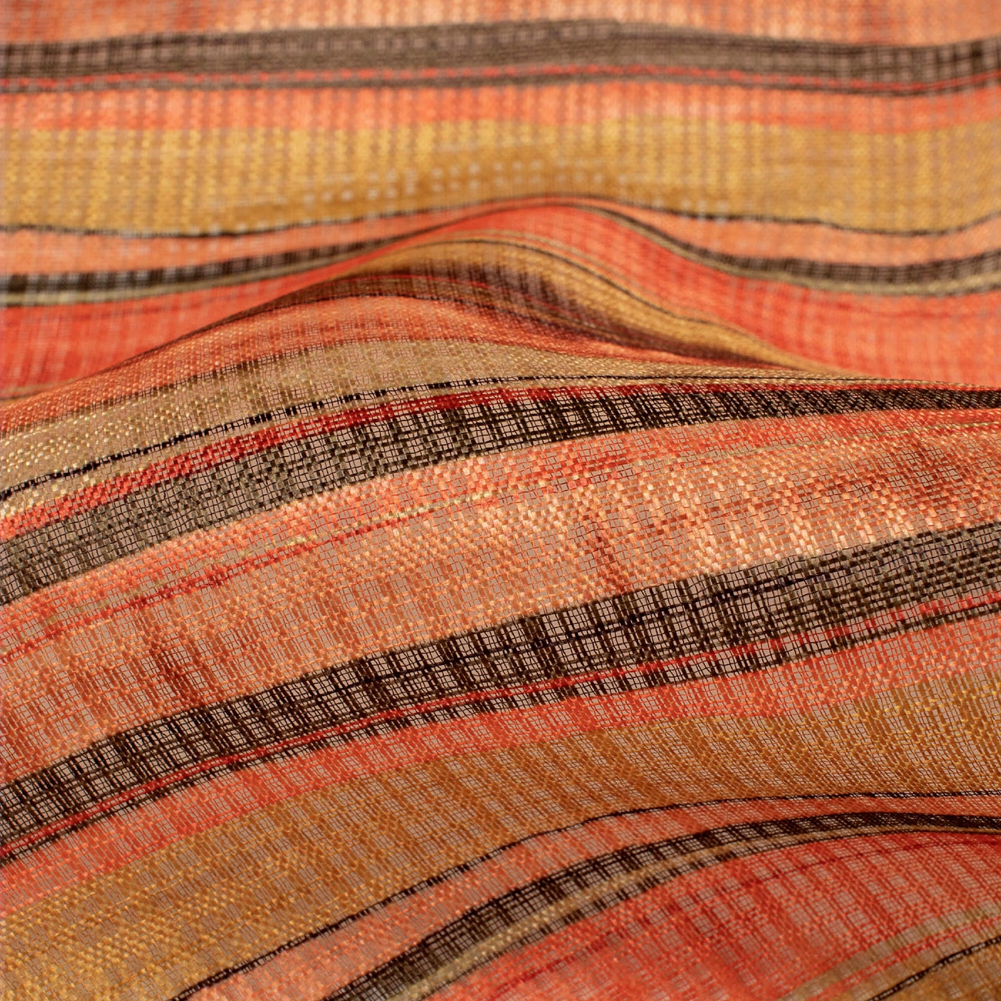 Ochre Yellow And Brown Stripes Pattern Digital Print Kota Doria Fabric
