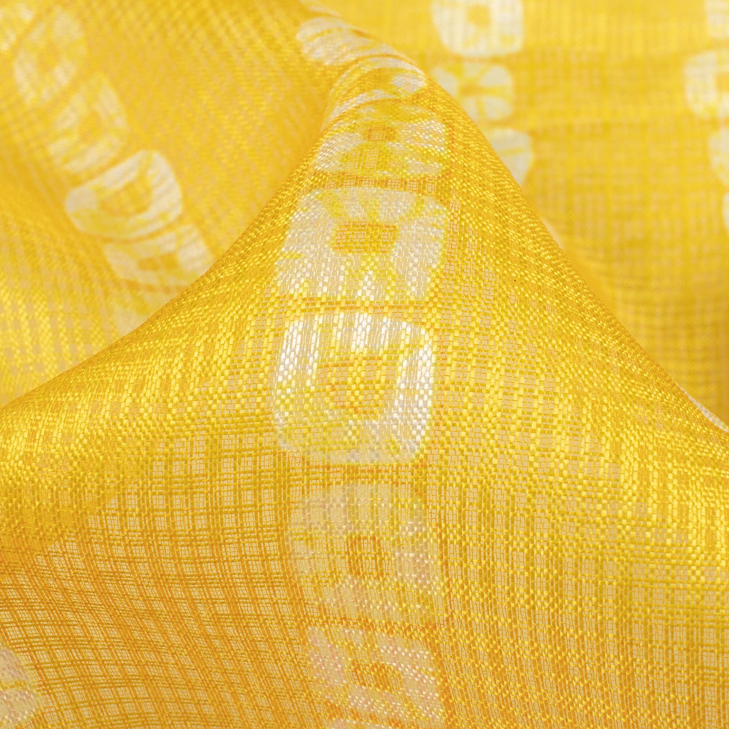 Pineapple Yellow And White Bandhanii Pattern Digital Print Kota Doria Fabric