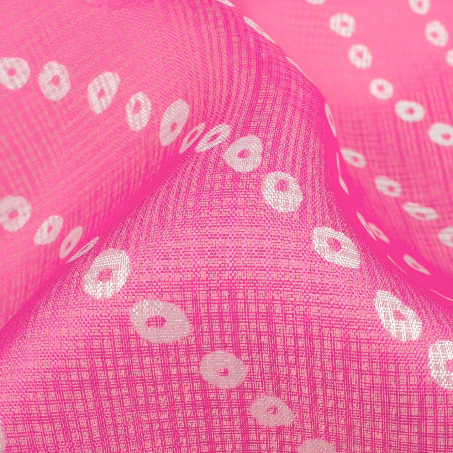 Hot Pink And White Bandhanii Pattern Digital Print Kota Doria Fabric