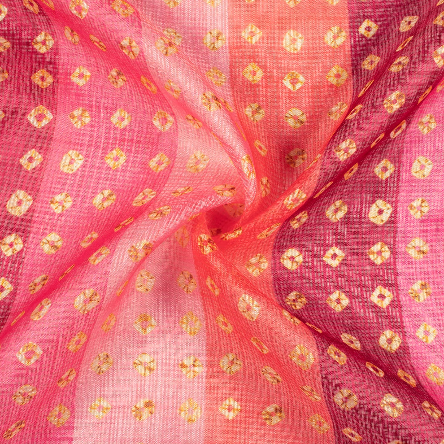 Pink And Yellow Bandhanii Pattern Digital Print Kota Doria Fabric
