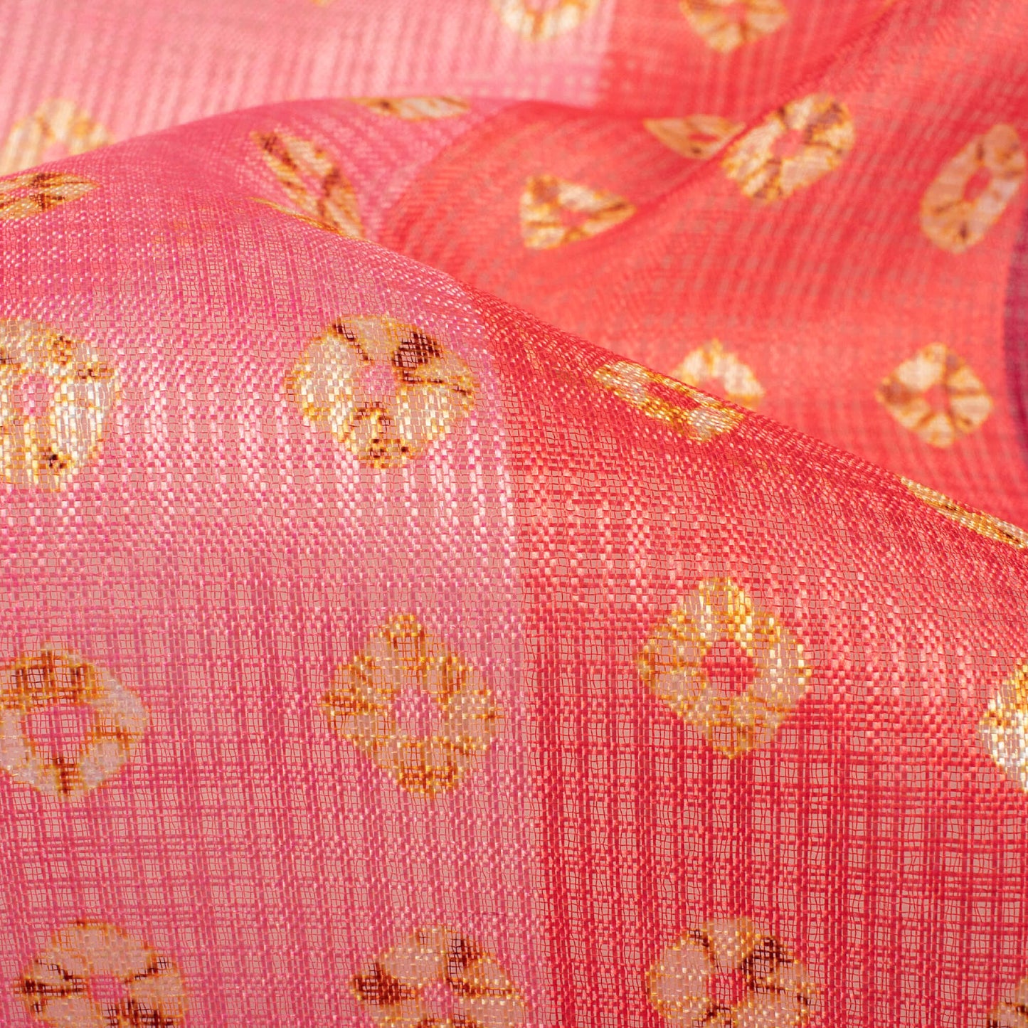Pink And Yellow Bandhanii Pattern Digital Print Kota Doria Fabric