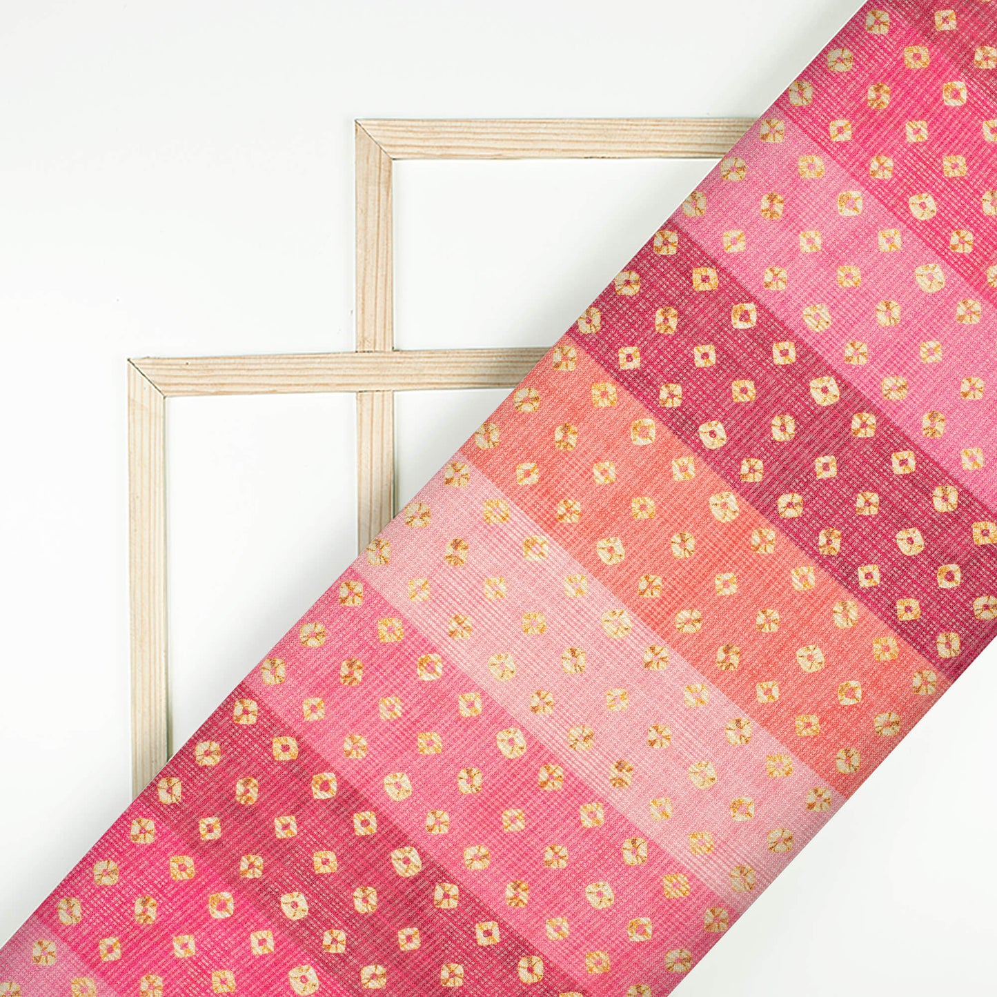Pink And Yellow Bandhanii Pattern Digital Print Kota Doria Fabric