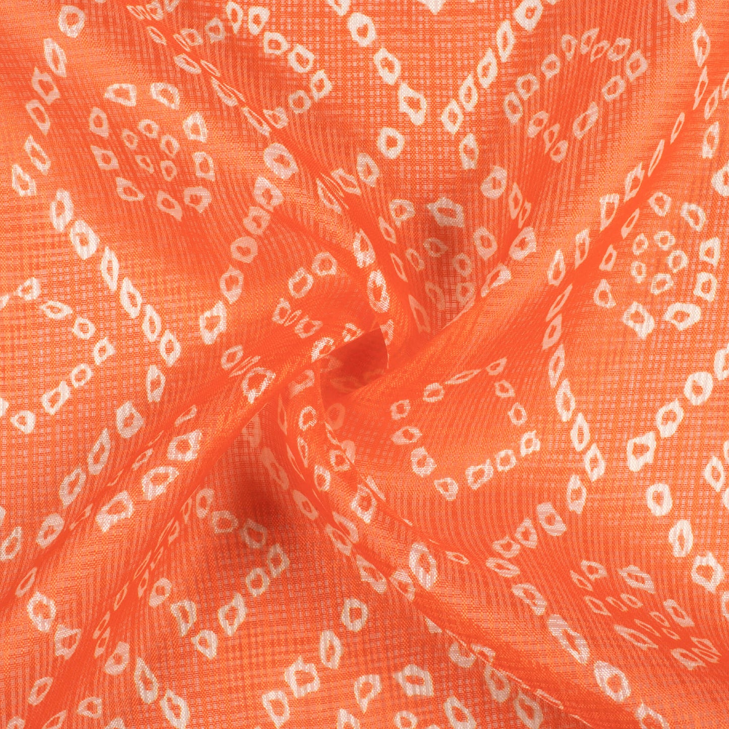 Orange And White Bandhani Pattern Digital Print Kota Doria Fabric