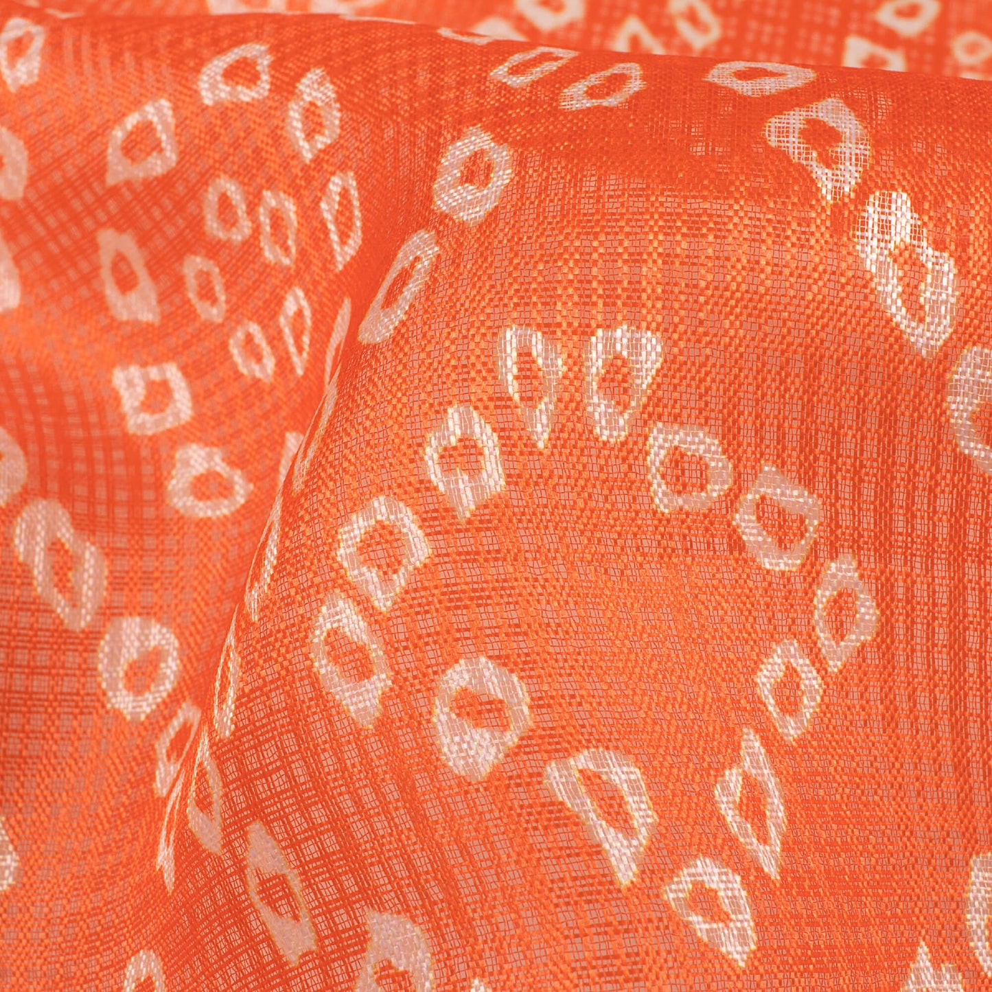 Orange And White Bandhani Pattern Digital Print Kota Doria Fabric