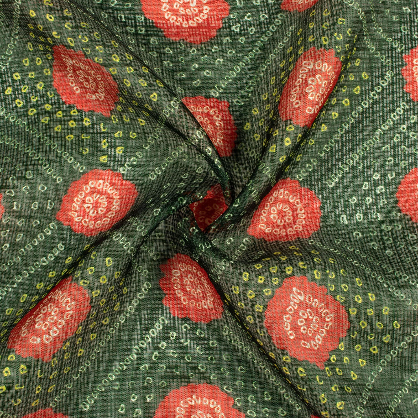 Dark Green And Blush Red Bandhanii Pattern Digital Print Kota Doria Fabric
