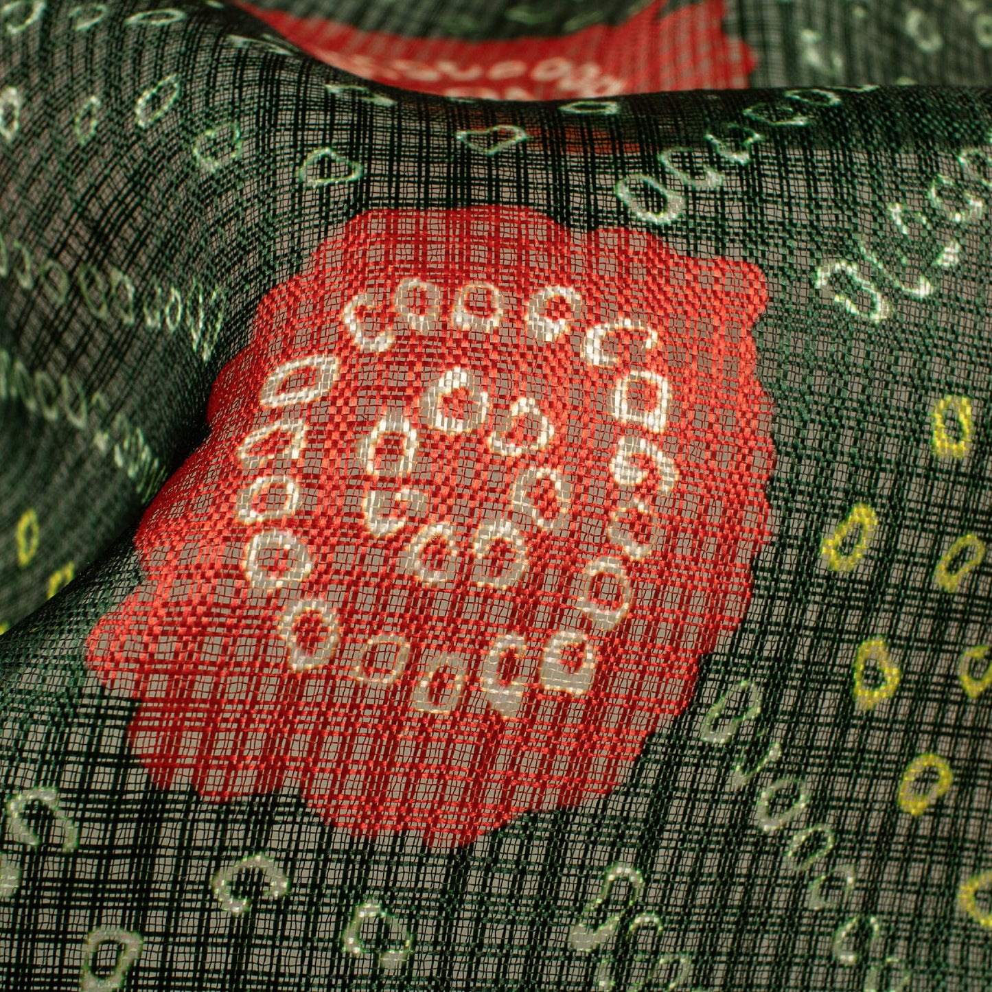 Dark Green And Blush Red Bandhanii Pattern Digital Print Kota Doria Fabric