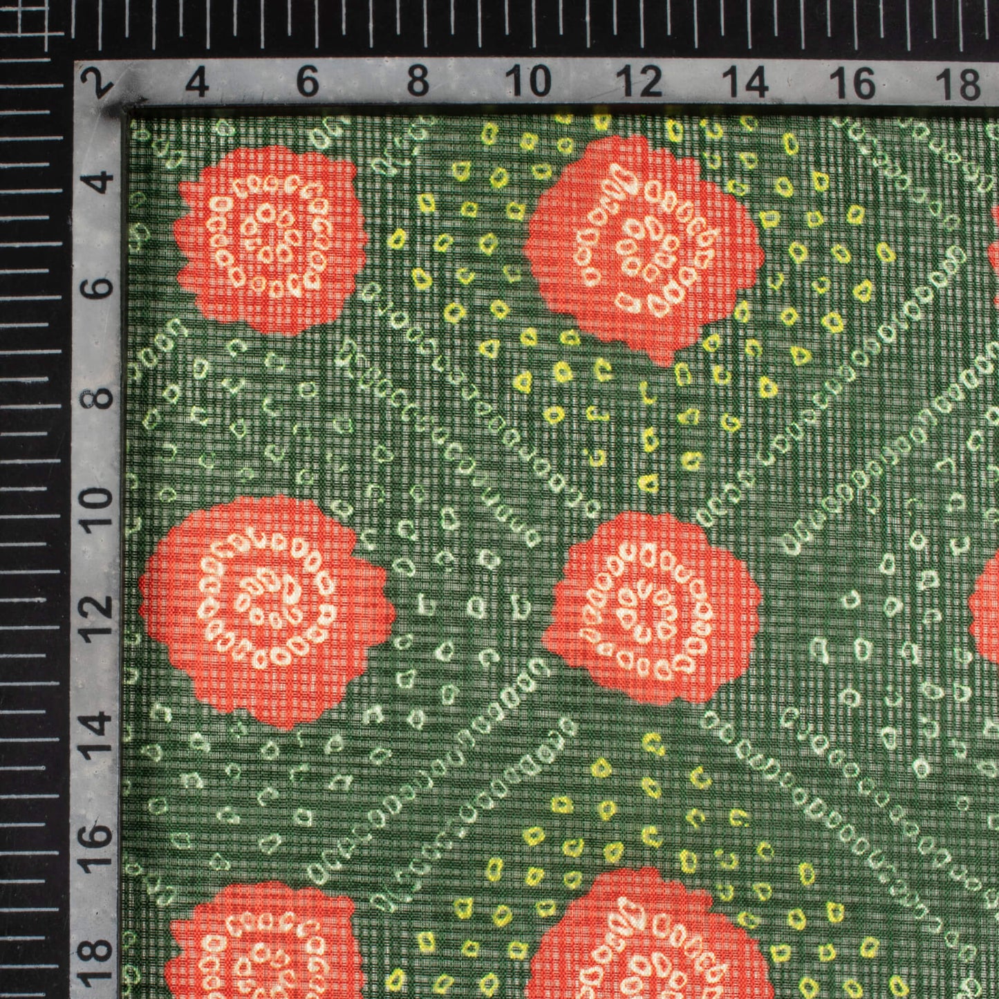 Dark Green And Blush Red Bandhanii Pattern Digital Print Kota Doria Fabric