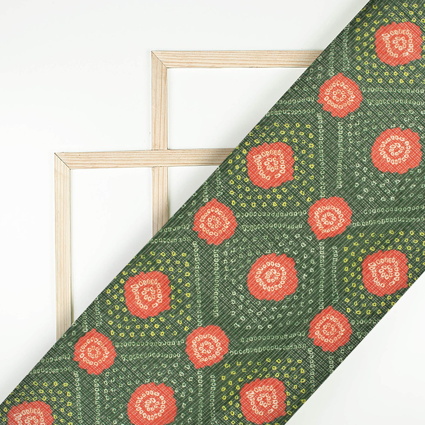 Dark Green And Blush Red Bandhanii Pattern Digital Print Kota Doria Fabric