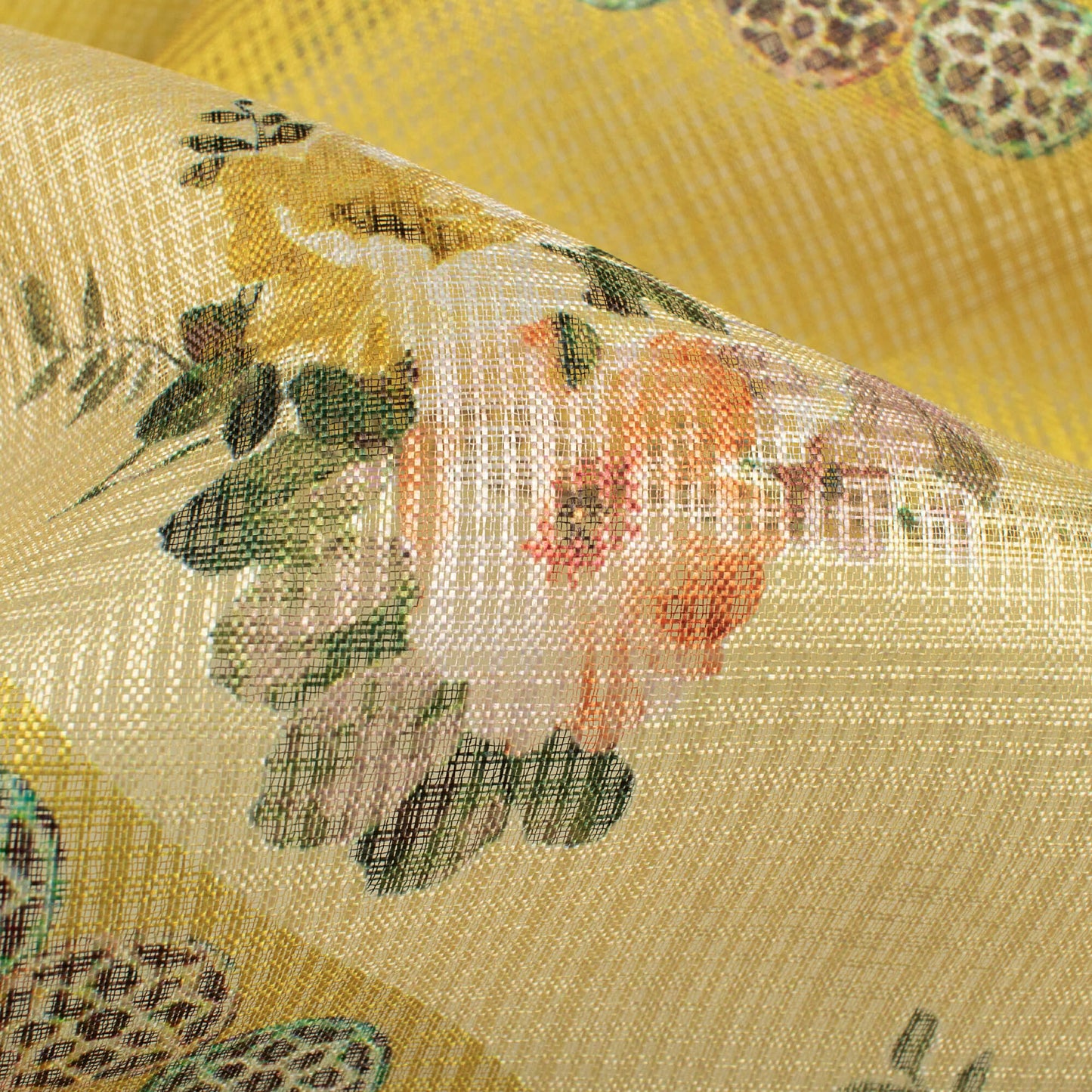 Olive Green And Peach Floral Pattern Digital Print Kota Doria Fabric,Chevron
