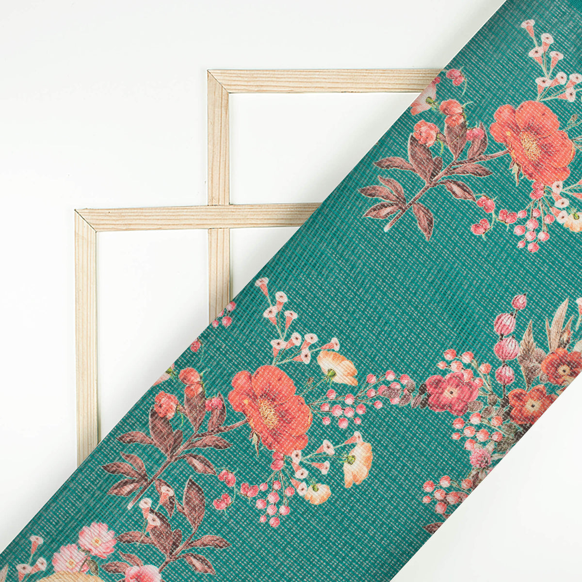 Pine Green And Red Floral Pattern Digital Print Kota Doria Fabric