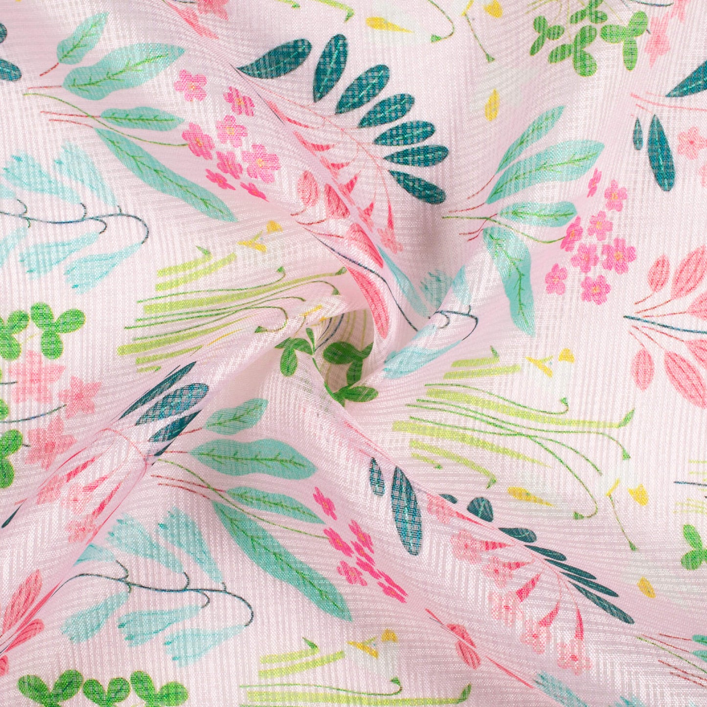 Pastel Pink And Green Leaf Pattern Digital Print Kota Doria Fabric