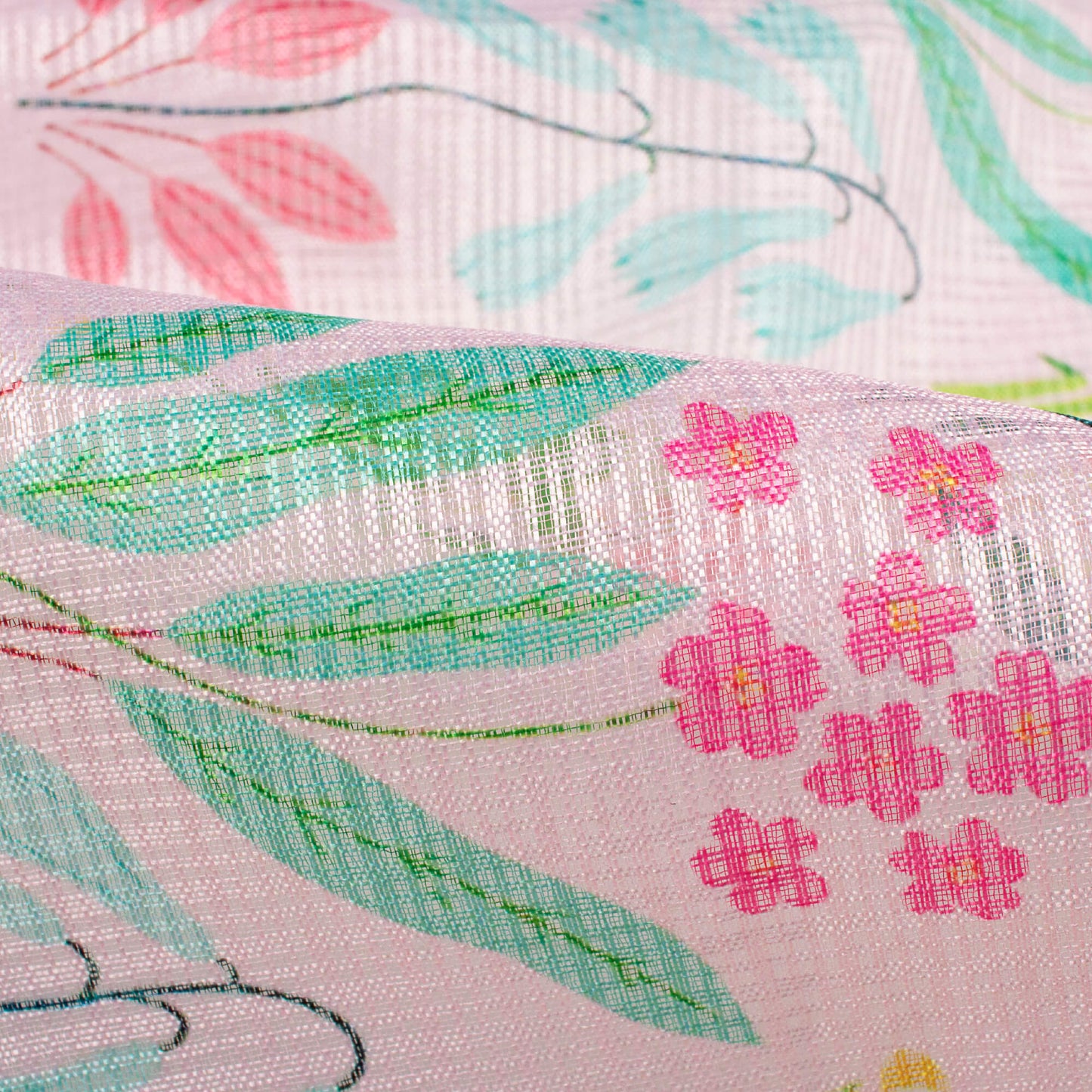 Pastel Pink And Green Leaf Pattern Digital Print Kota Doria Fabric