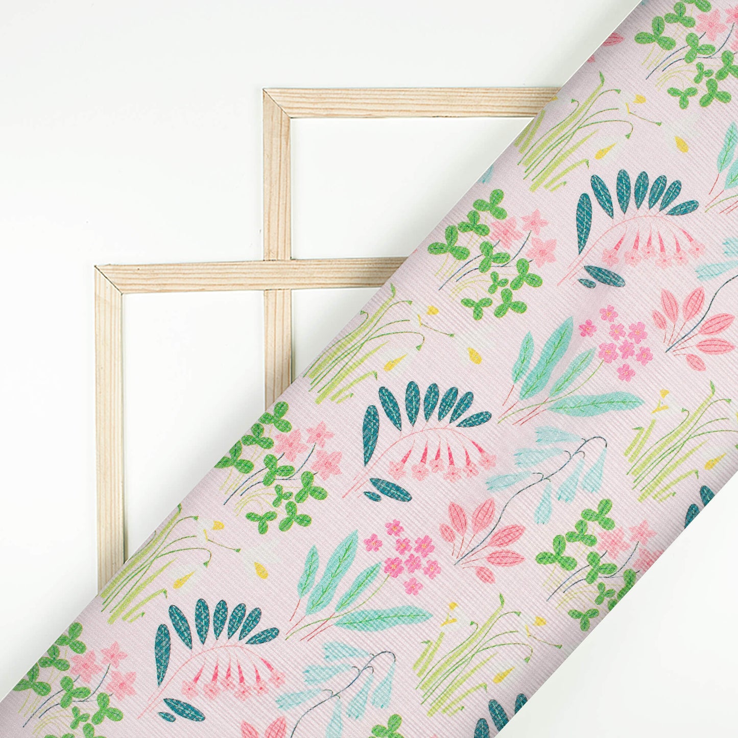 Pastel Pink And Green Leaf Pattern Digital Print Kota Doria Fabric