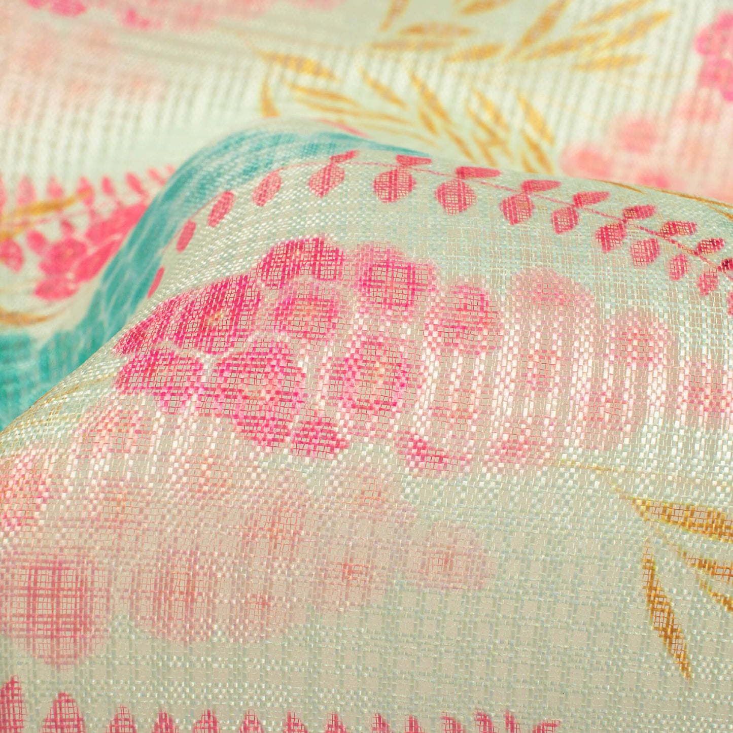 Tea Green And Magenta Pink Floral Pattern Digital Print Kota Doria Fabric