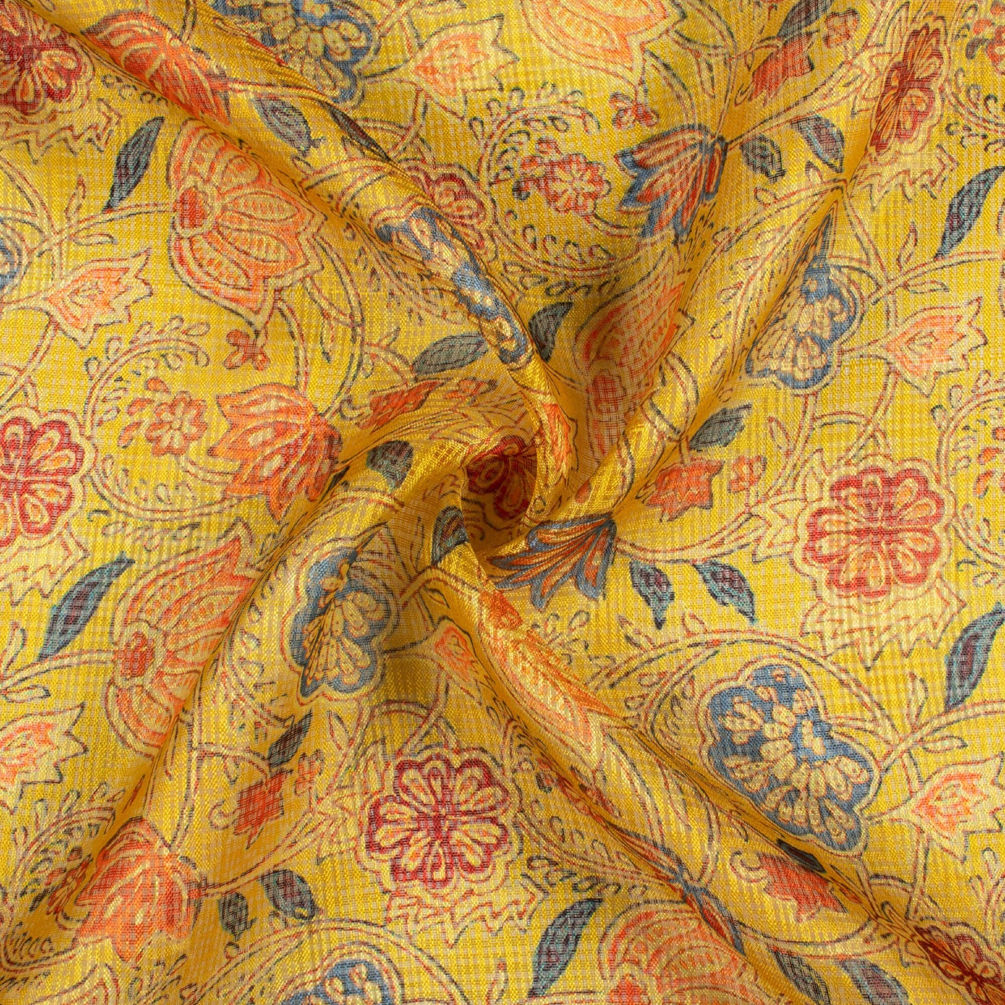 Ochre Yellow And Blood Red Floral Pattern Digital Print Kota Doria Fabric