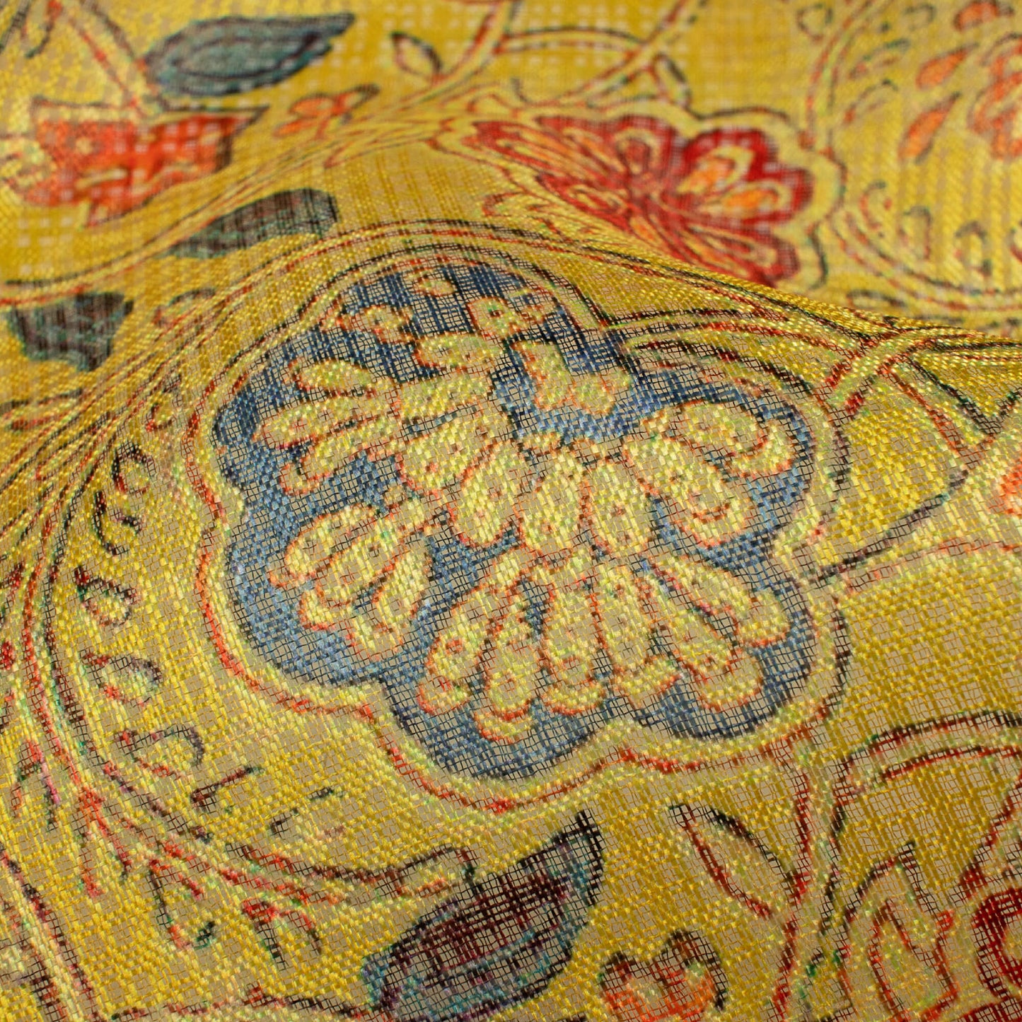 Ochre Yellow And Blood Red Floral Pattern Digital Print Kota Doria Fabric