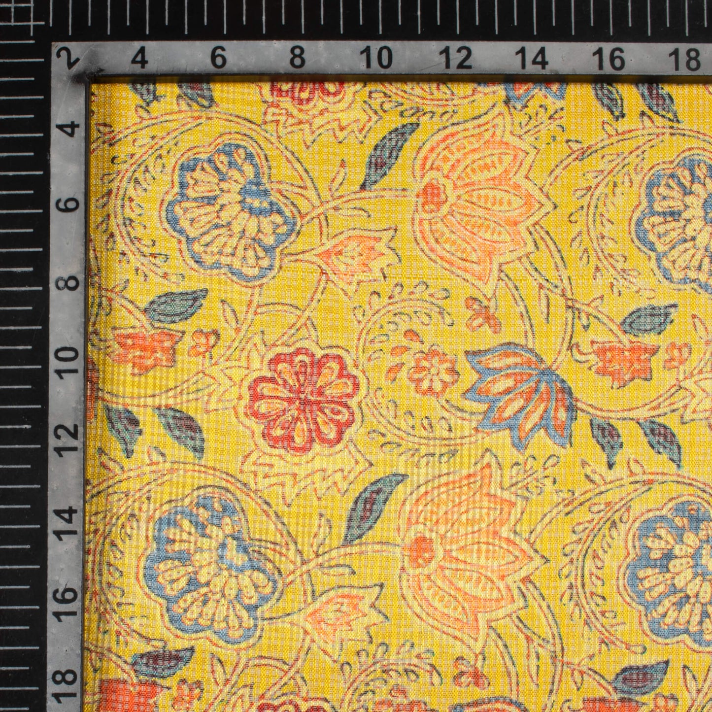 Ochre Yellow And Blood Red Floral Pattern Digital Print Kota Doria Fabric