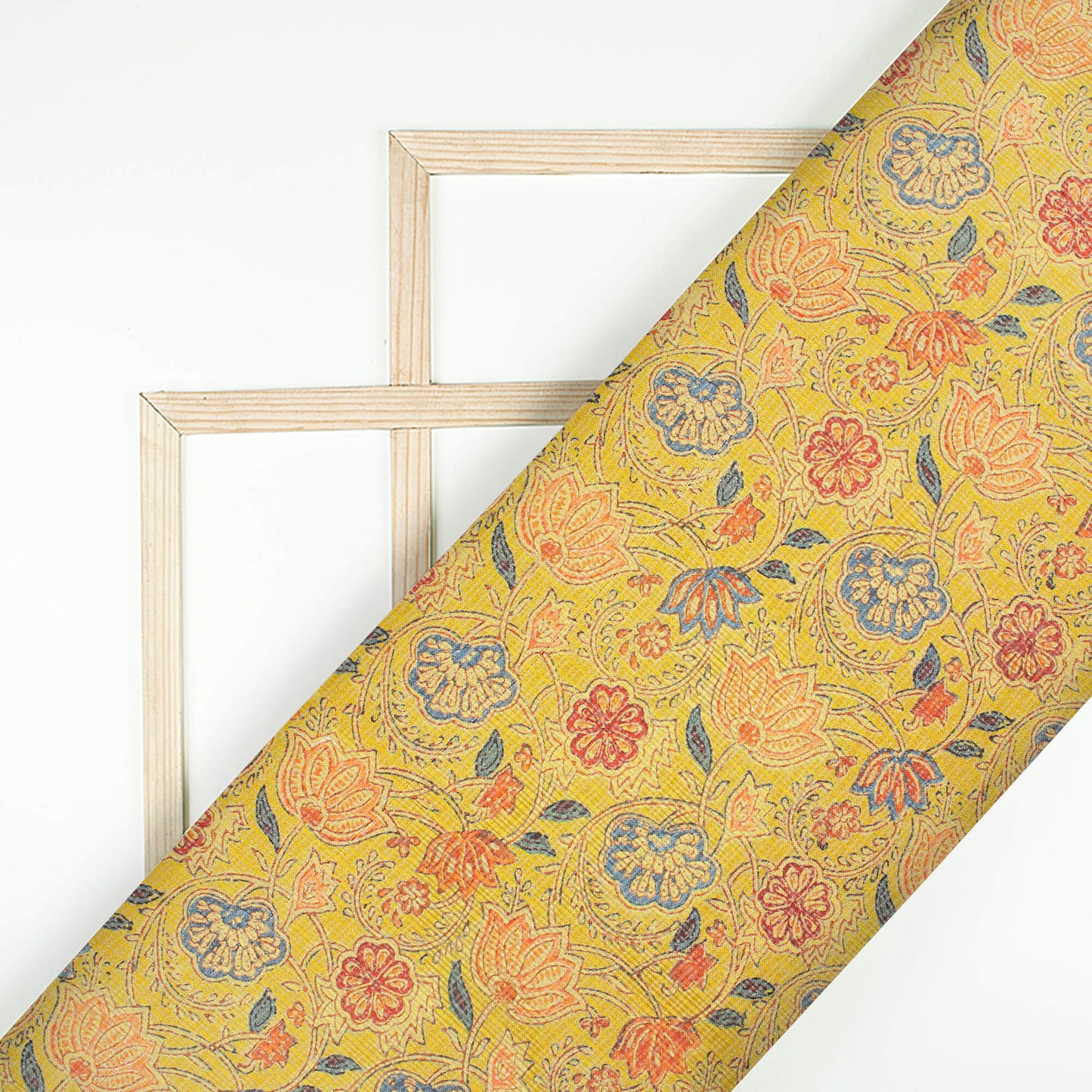 Ochre Yellow And Blood Red Floral Pattern Digital Print Kota Doria Fabric