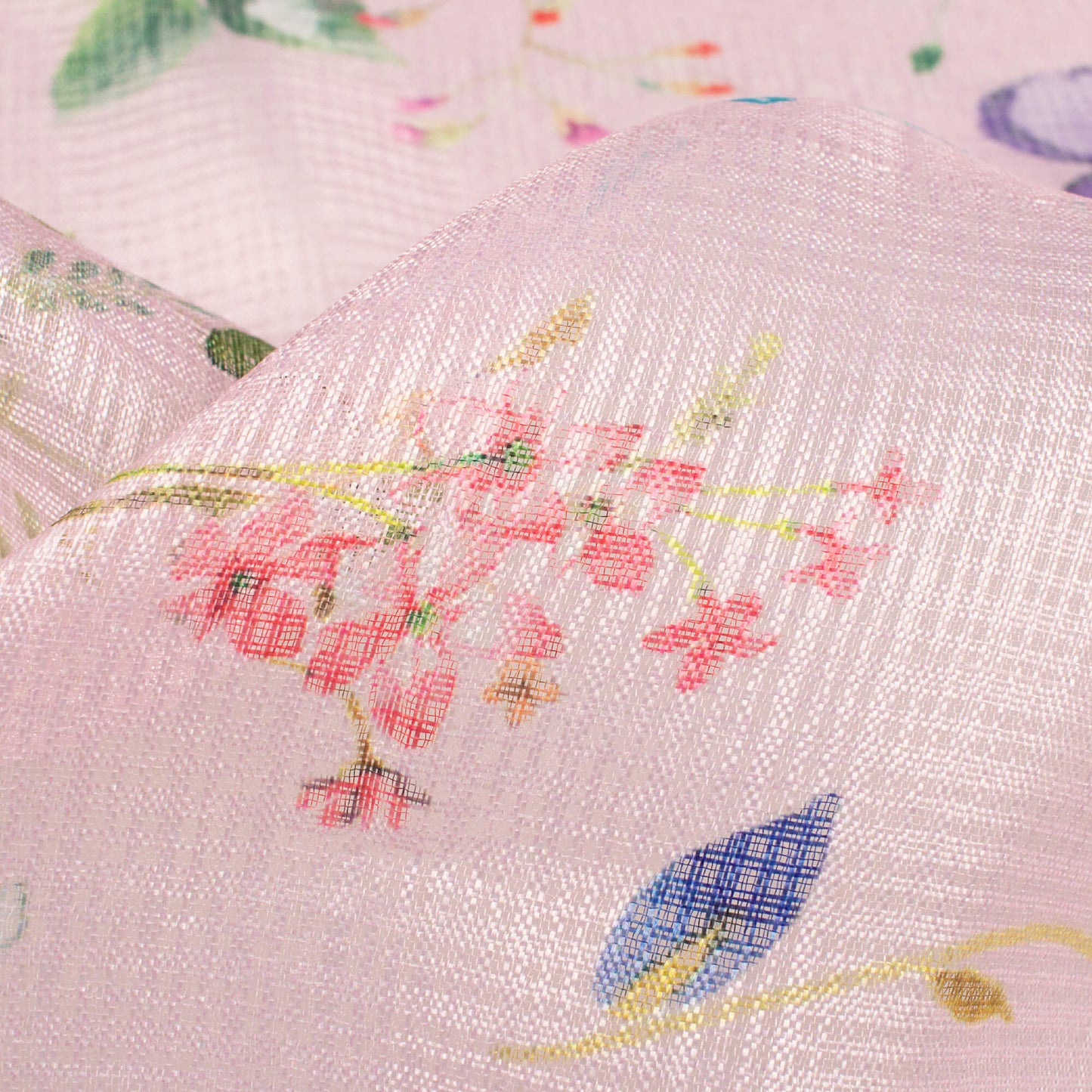Pale Pink And Fern Green Floral Pattern Digital Print Kota Doria Fabric