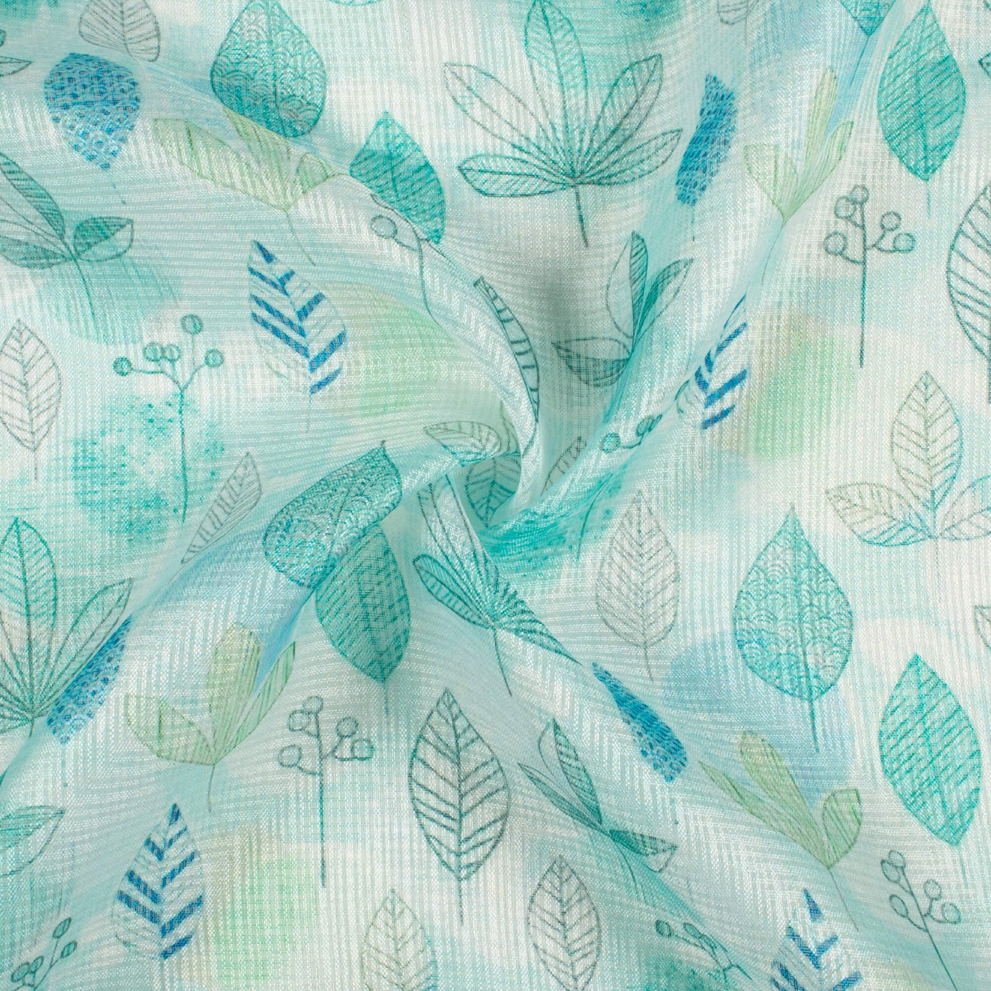 Mint Green And Blue Leaf Pattern Digital Print Kota Doria Fabric