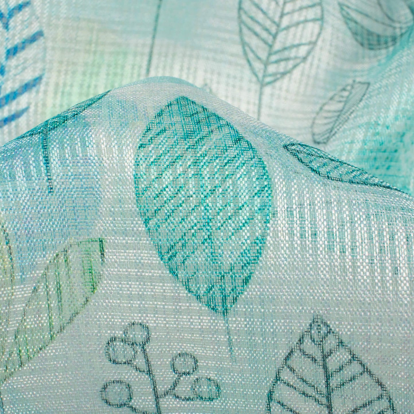 Mint Green And Blue Leaf Pattern Digital Print Kota Doria Fabric