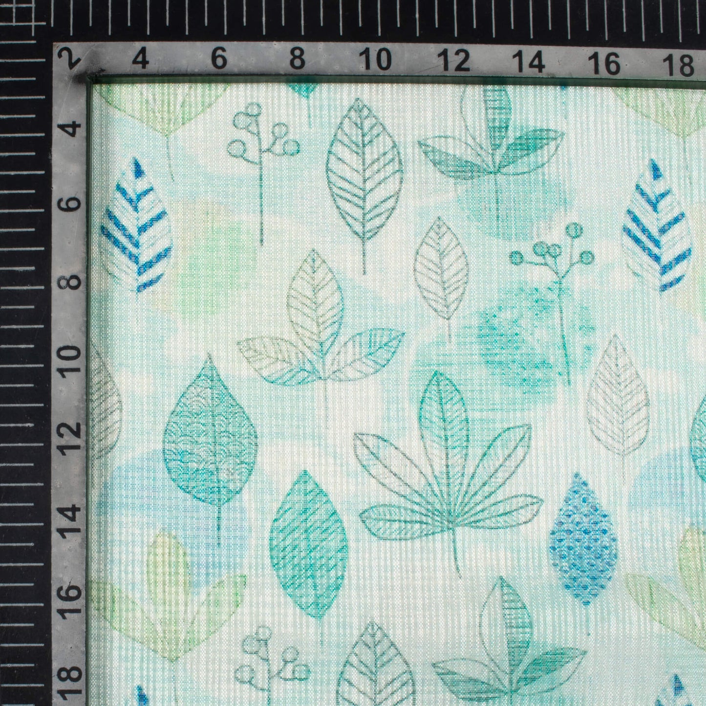 Mint Green And Blue Leaf Pattern Digital Print Kota Doria Fabric