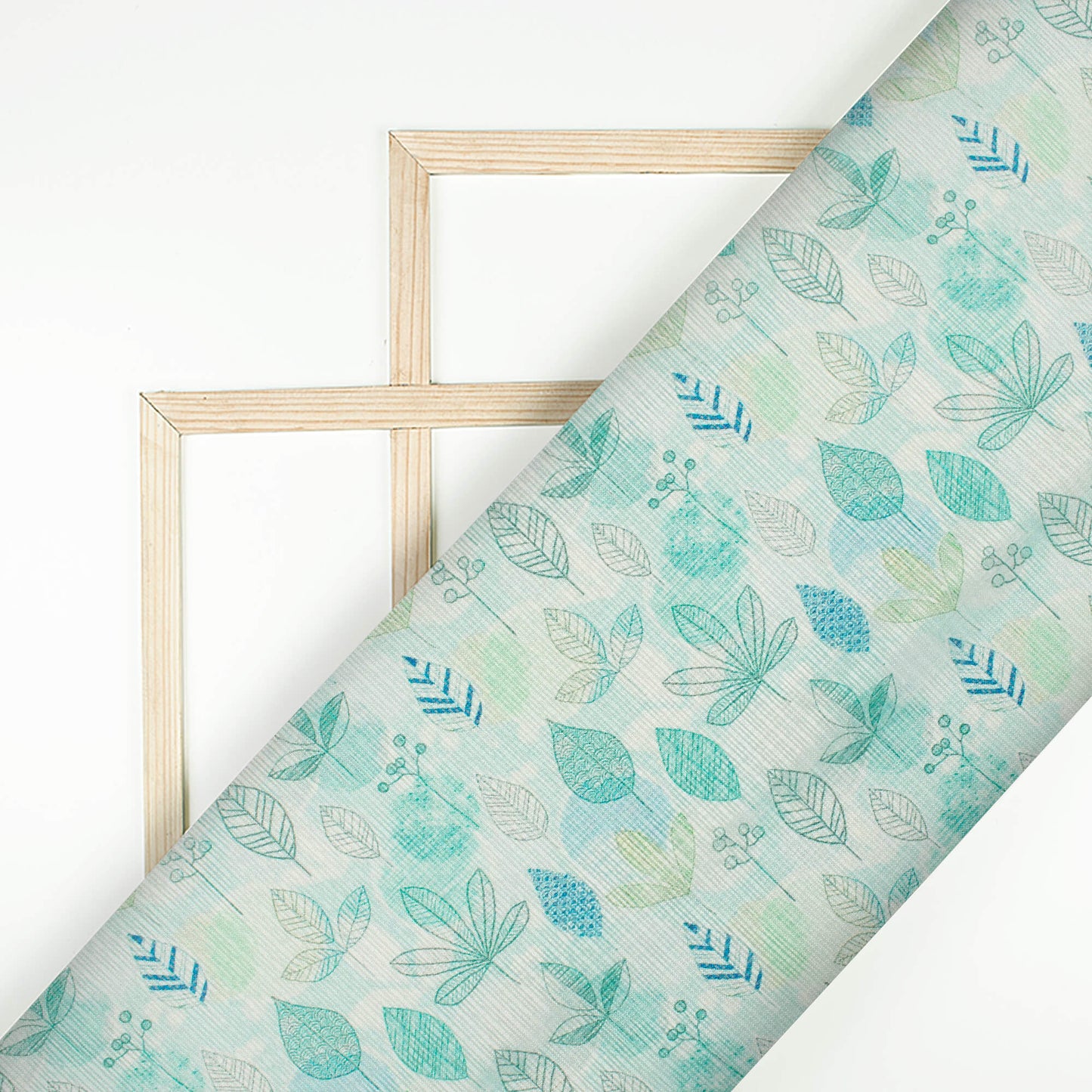 Mint Green And Blue Leaf Pattern Digital Print Kota Doria Fabric