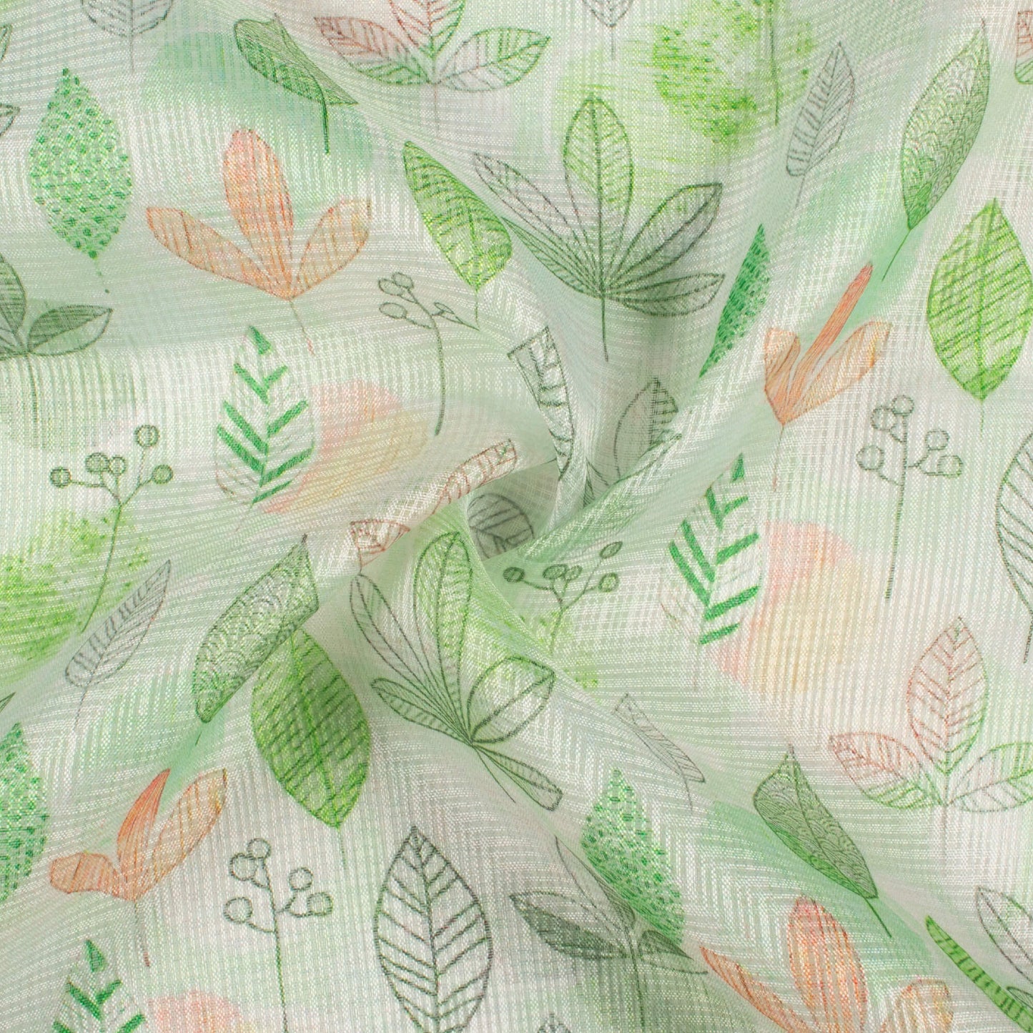 Fern Green And Orange Leaf Pattern Digital Print Kota Doria Fabric