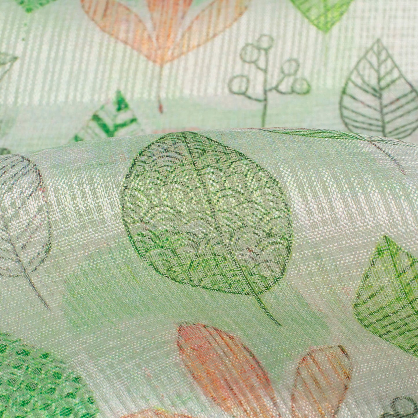 Fern Green And Orange Leaf Pattern Digital Print Kota Doria Fabric