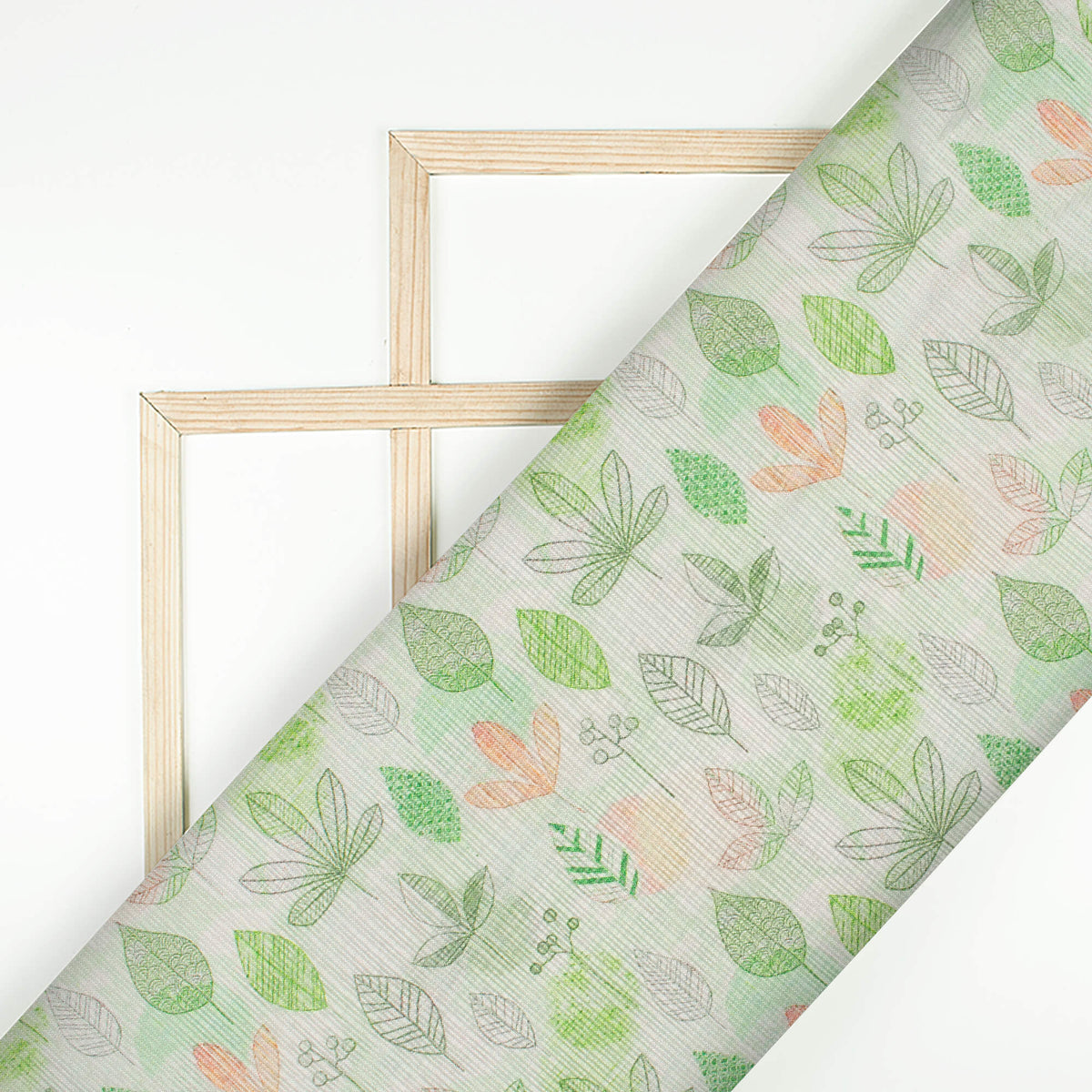 Fern Green And Orange Leaf Pattern Digital Print Kota Doria Fabric