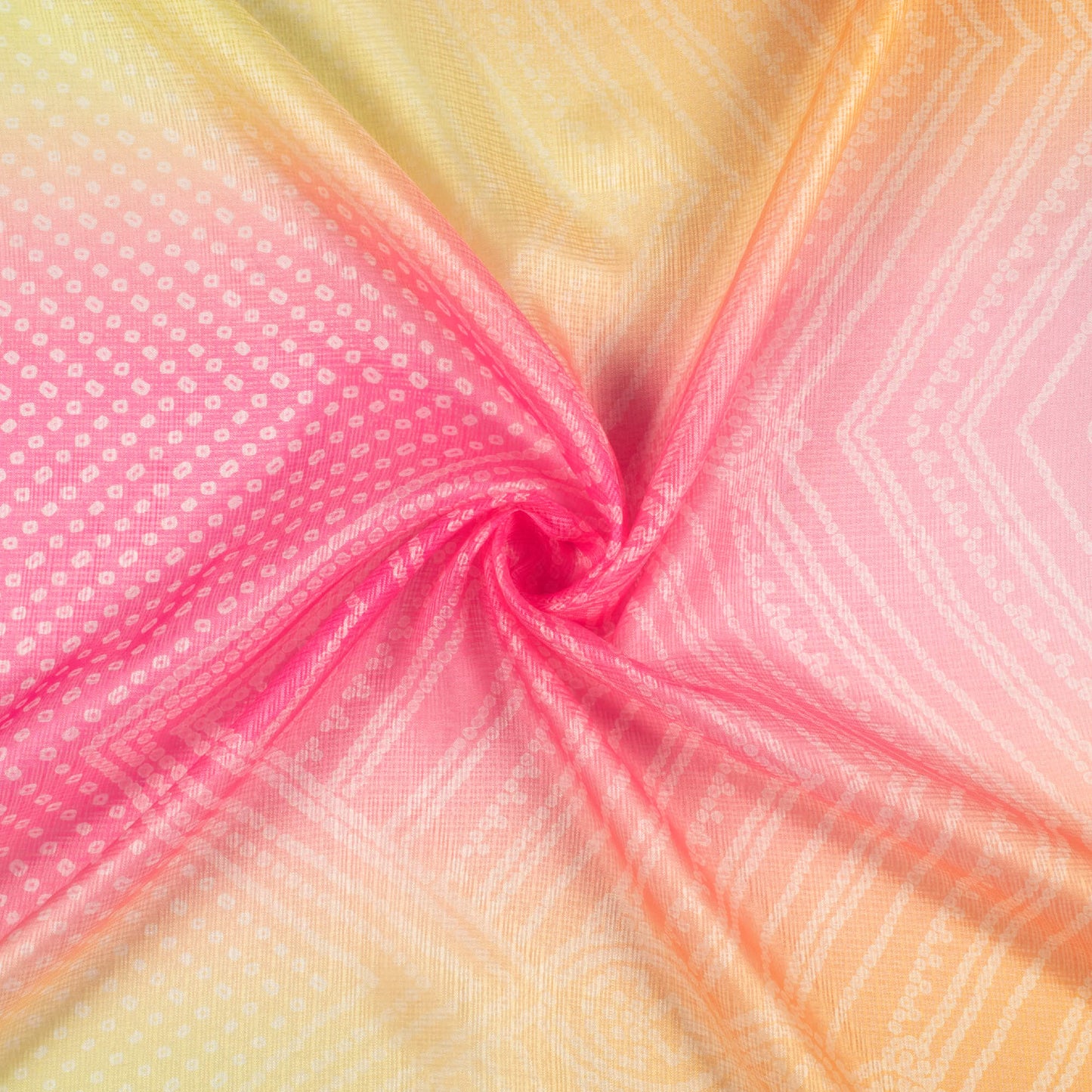 Bumblebee Yellow And Taffy Pink Bandhanii Pattern Digital Print Kota Doria Fabric
