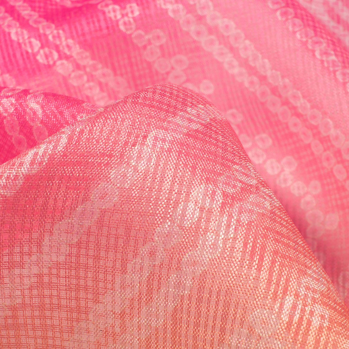 Bumblebee Yellow And Taffy Pink Bandhani Pattern Digital Print Kota Doria Fabric
