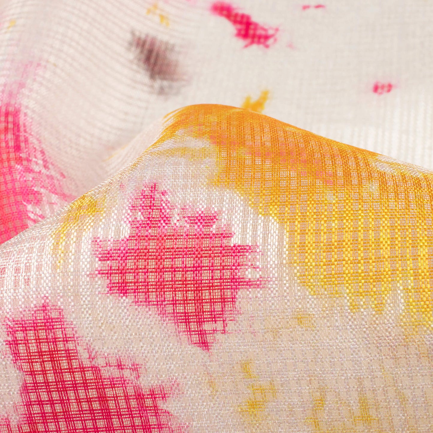 White And Dark Pink Tye And Dye Pattern Digital Print Kota Doria Fabric