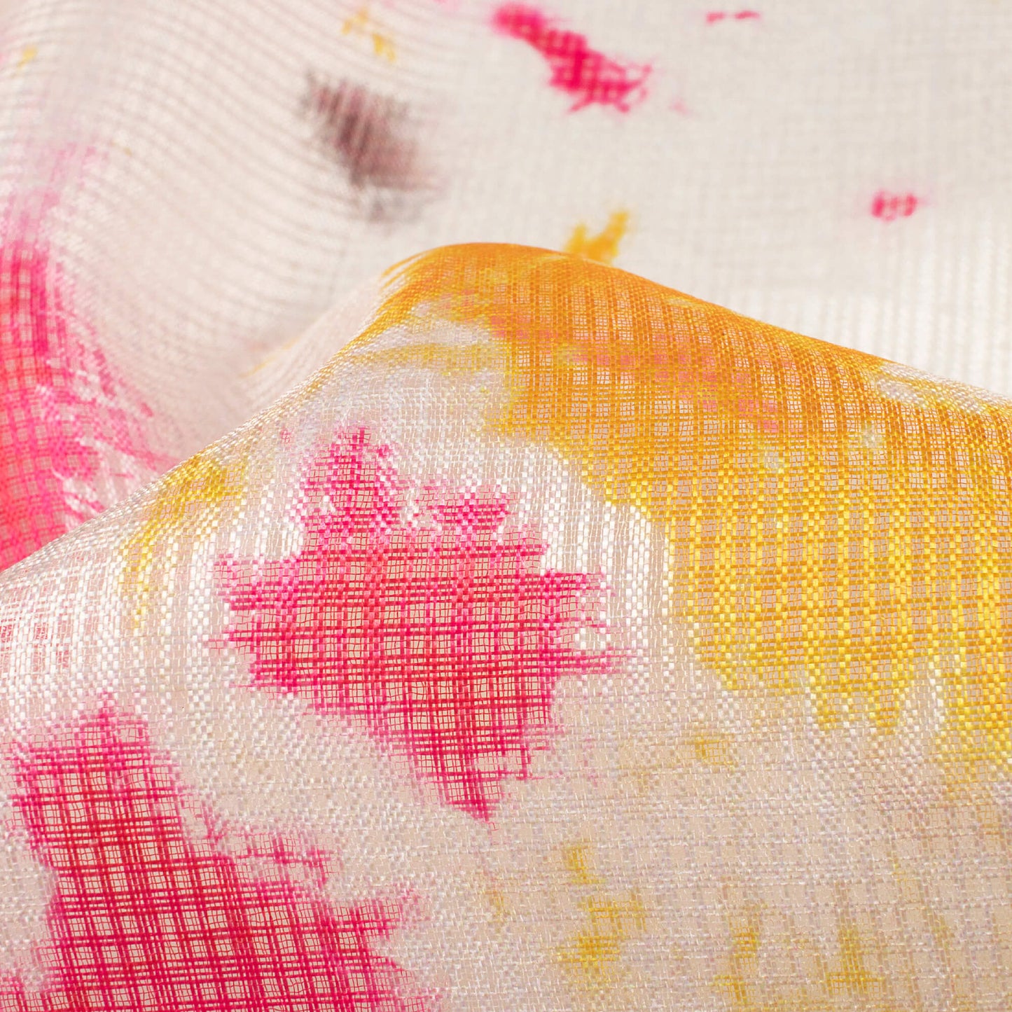 White And Dark Pink Tie & Dye Pattern Digital Print Kota Doria Fabric