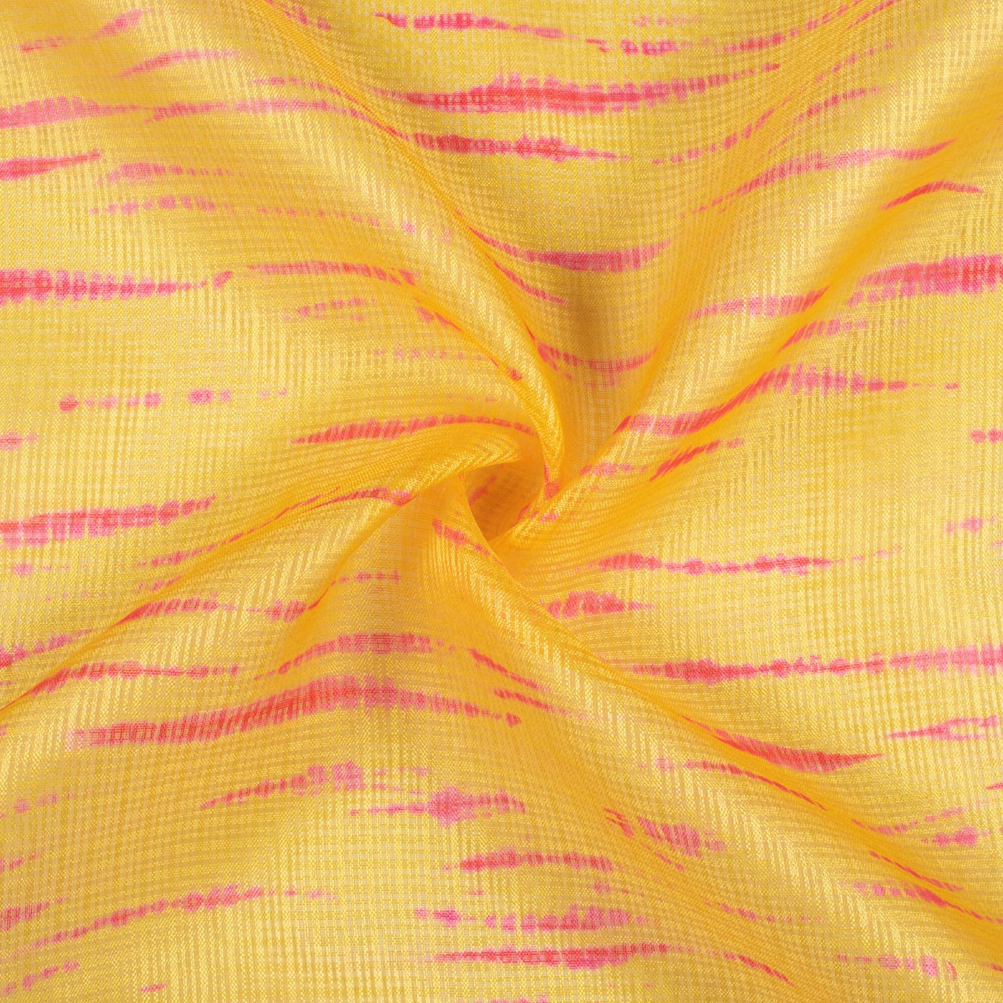 Mustard Yellow And Dark Pink Shibori Pattern Digital Print Kota Doria Fabric