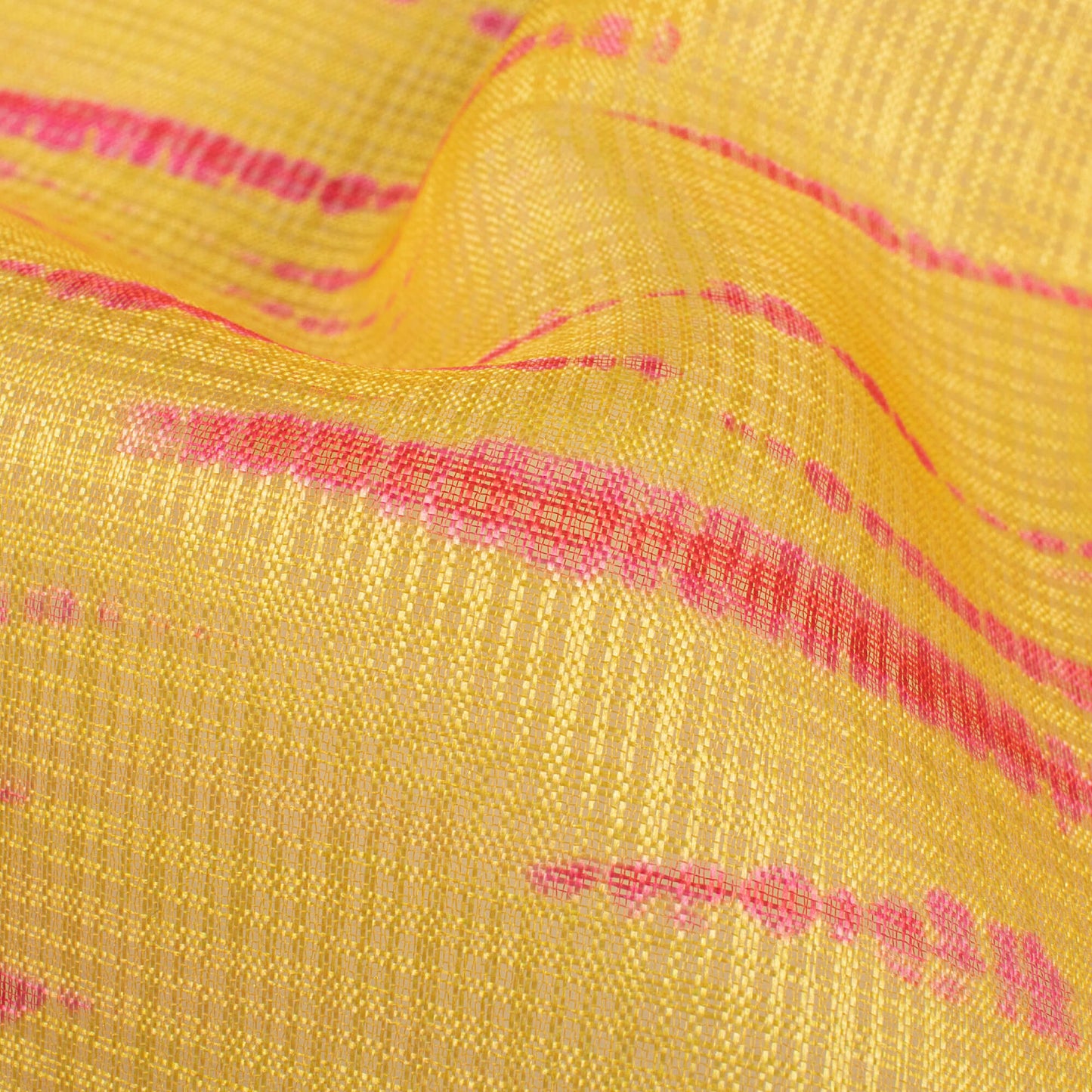 Mustard Yellow And Dark Pink Shibori Pattern Digital Print Kota Doria Fabric