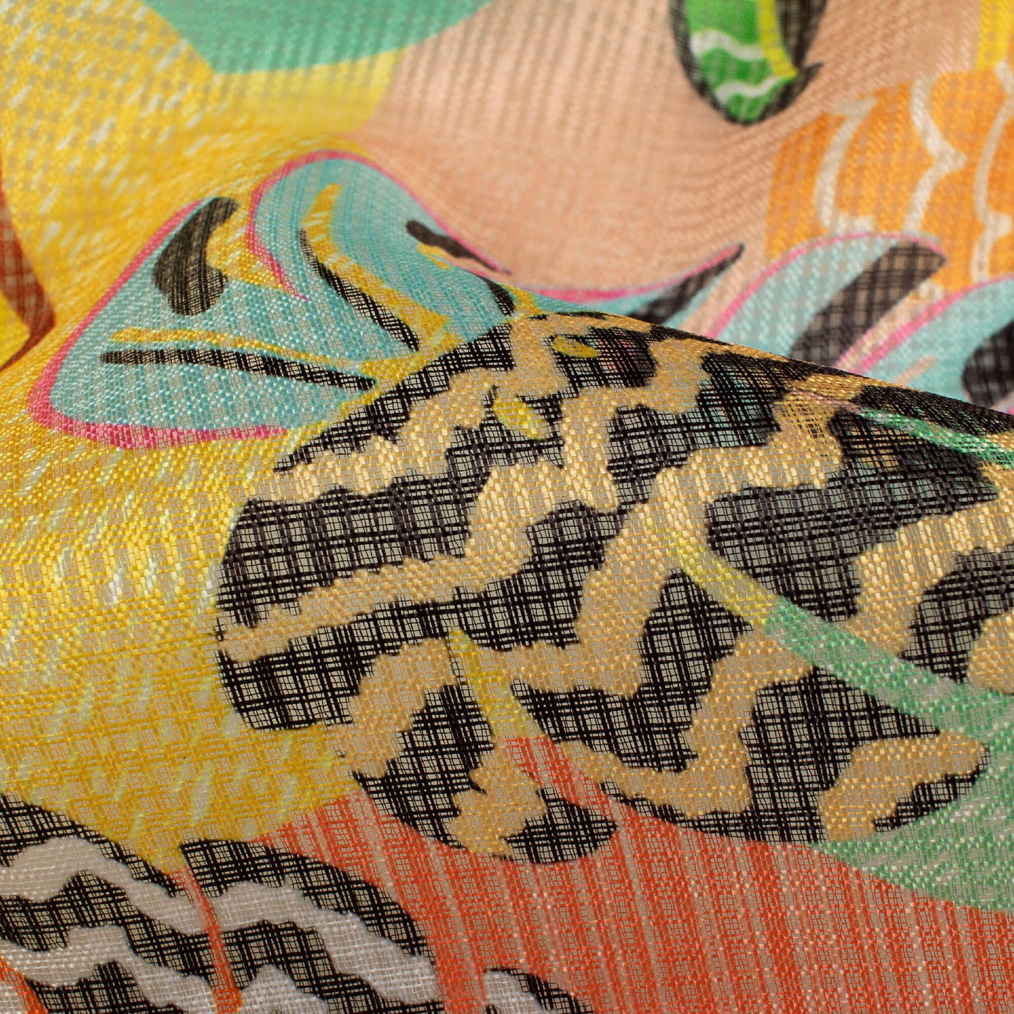 Multi-Color Leaf Pattern Digital Print Kota Doria Fabric