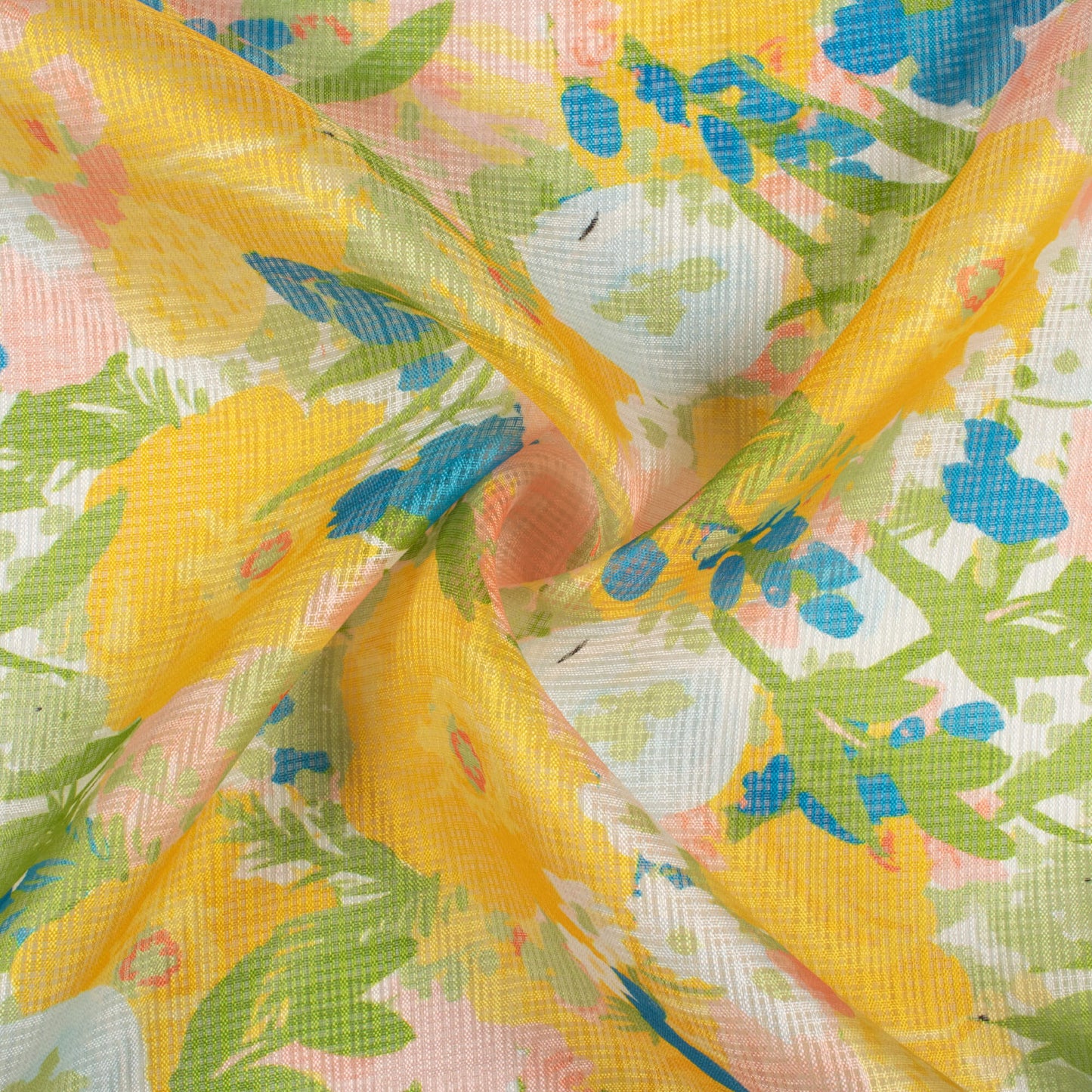 Mustard Yellow And Baby Pink Floral Pattern Digital Print Kota Doria Fabric